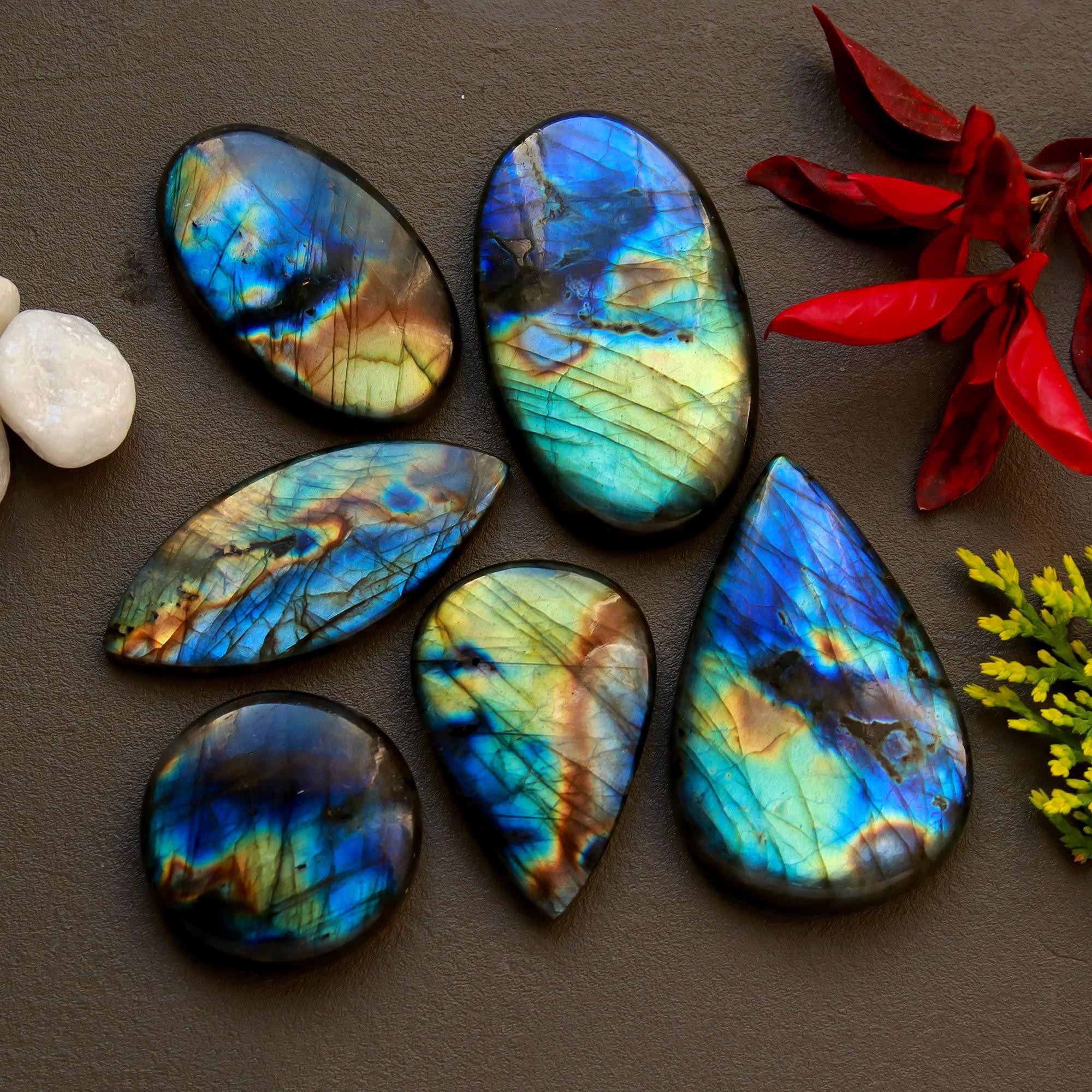 6 Pcs 381 Cts Natural Blue Labradorite Gemstone Cabochon Semi Precious Wholesale Lot Handmade Jewelry Making Supplies Pendant For Her 50x30 30x30mm13799