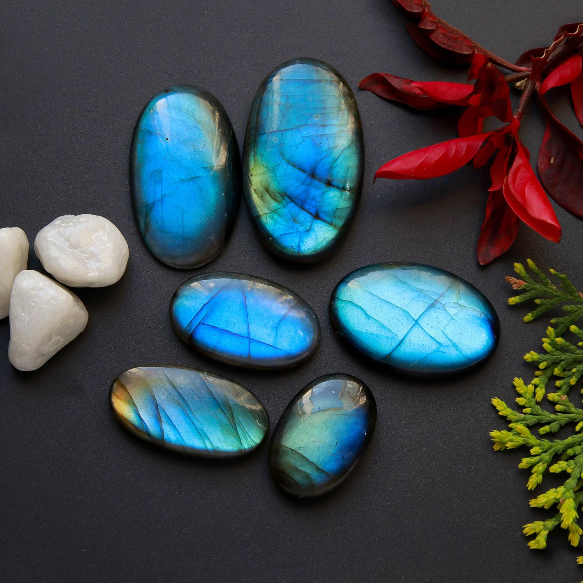 6 Pcs 216 Cts Natural Blue Labradorite Gemstone Cabochon Semi Precious Wholesale Lot Handmade Jewelry Making Supplies Pendant For Her 40x25 30x19mm13801
