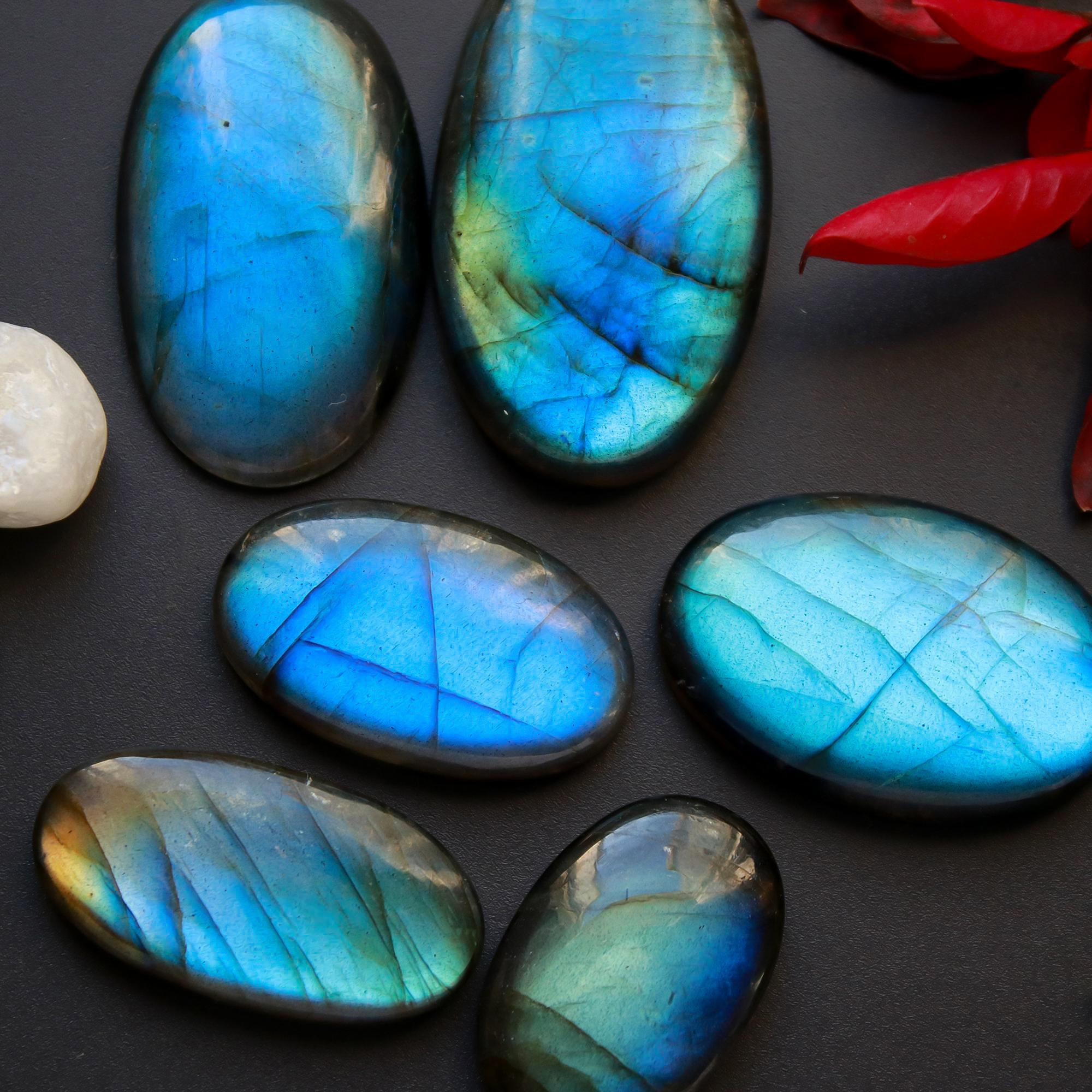 6 Pcs 216 Cts Natural Blue Labradorite Gemstone Cabochon Semi Precious Wholesale Lot Handmade Jewelry Making Supplies Pendant For Her 40x25 30x19mm13801