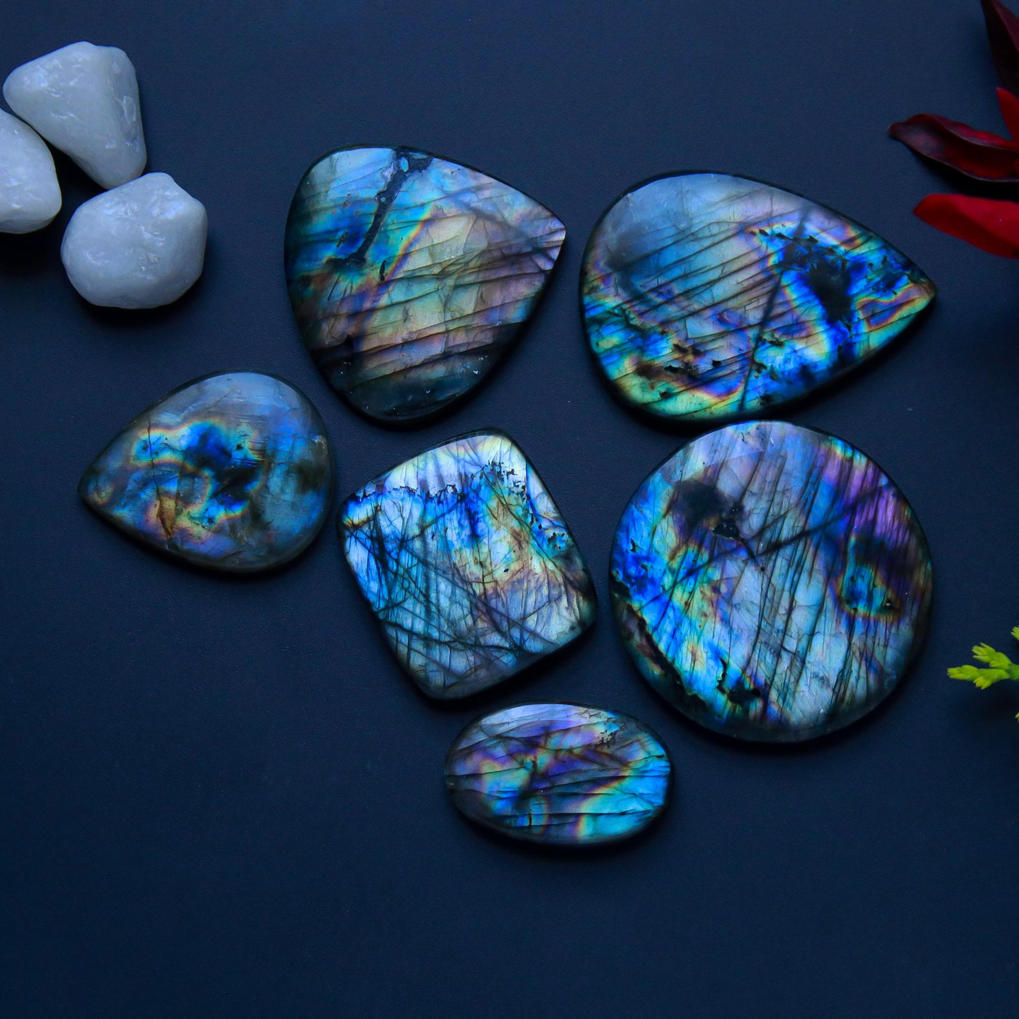 6 Pcs 257 Cts Natural Blue Labradorite Gemstone Cabochon Semi Precious Wholesale Lot Handmade Jewelry Making Supplies Pendant For Her 40x30 25x14mm13802