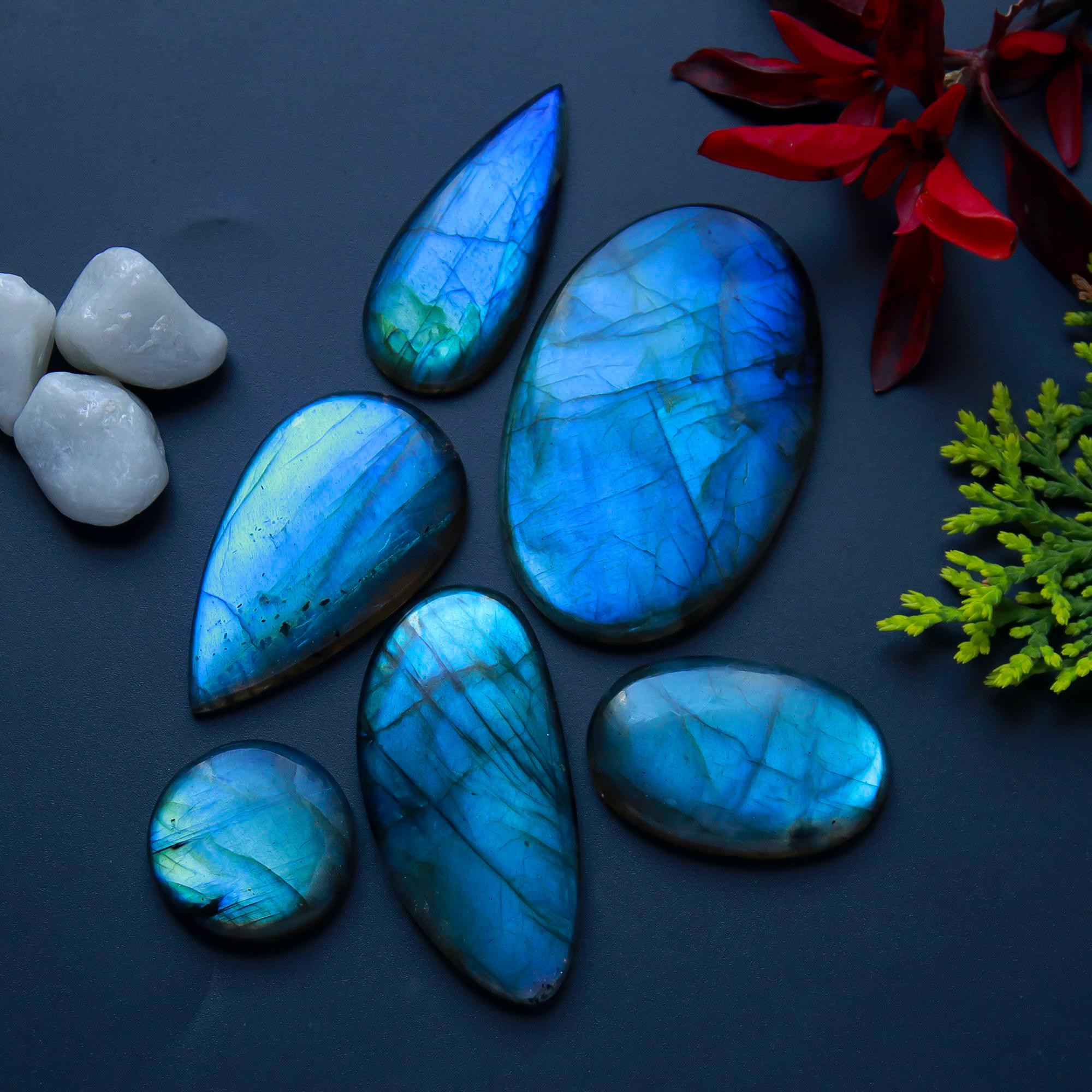 6 Pcs 255 Cts Natural Blue Labradorite Gemstone Cabochon Semi Precious Wholesale Lot Handmade Jewelry Making Supplies Pendant For Her 51x33 24x24mm13808