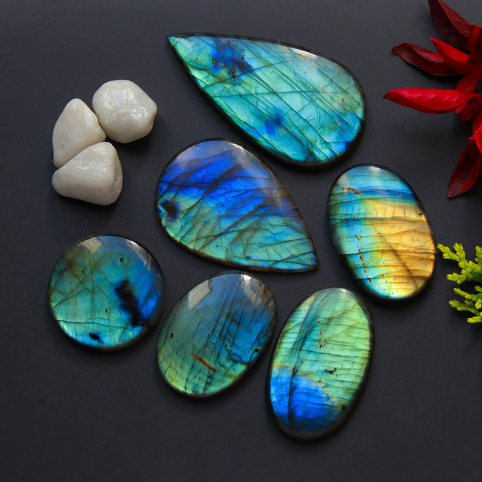 6 Pcs 298 Cts Natural Blue Labradorite Gemstone Cabochon Semi Precious Wholesale Lot Handmade Jewelry Making Supplies Pendant For Her 58x32 32x32mm13818