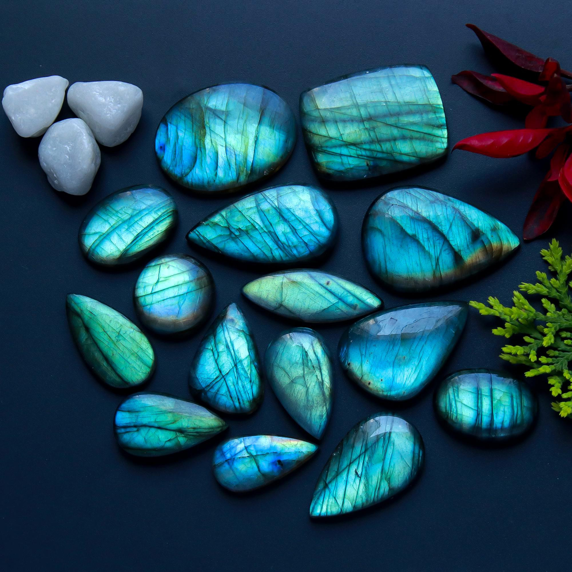 15 Pcs 364 Cts Natural Blue Labradorite Gemstone Cabochon Semi Precious Wholesale Lot Handmade Jewelry Making Supplies Pendant For Her 36x25 20x20mm13826