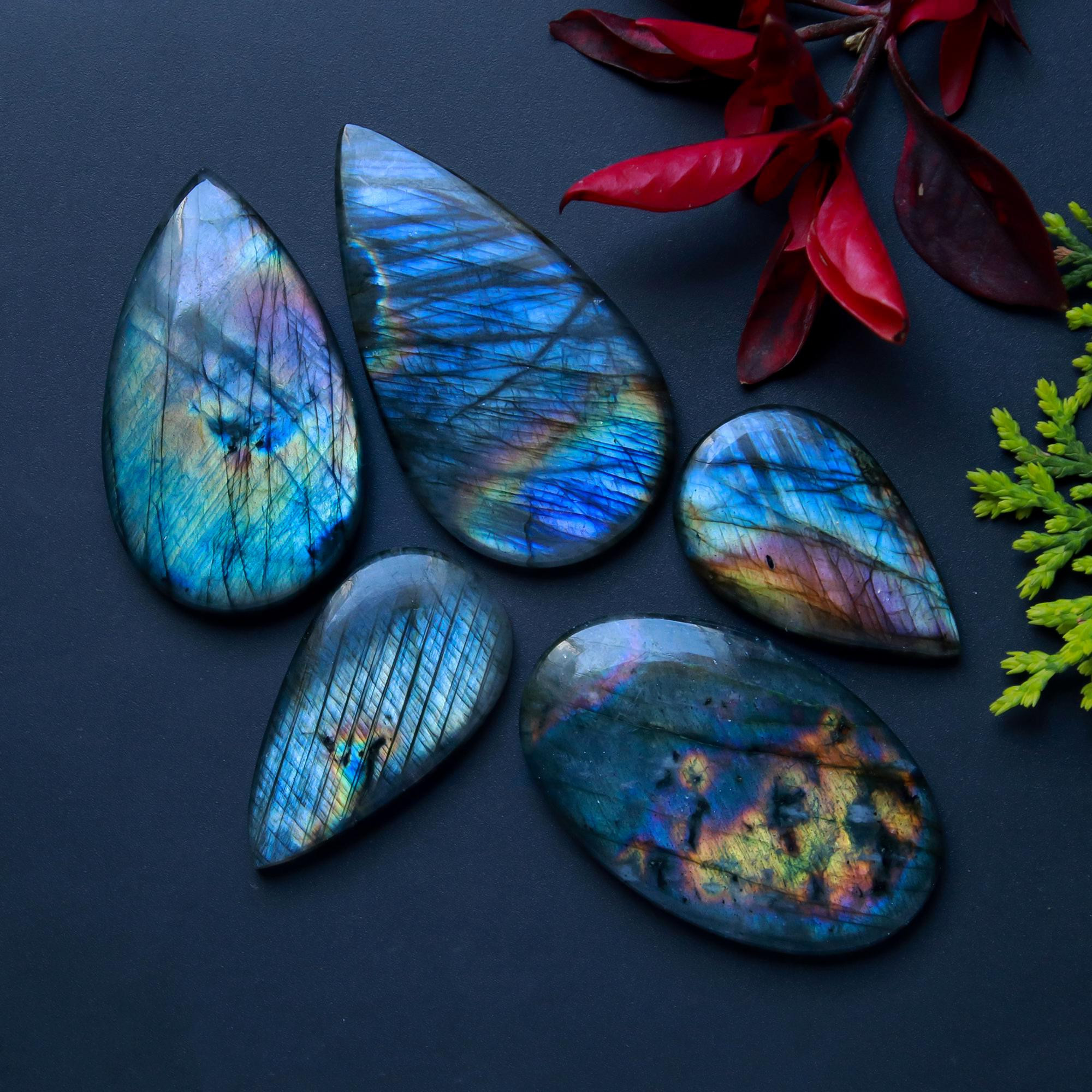 5 Pcs 228 Cts Natural Blue Labradorite Gemstone Cabochon Semi Precious Wholesale Lot Handmade Jewelry Making Supplies Pendant For Her 50x29 32x21mm13829