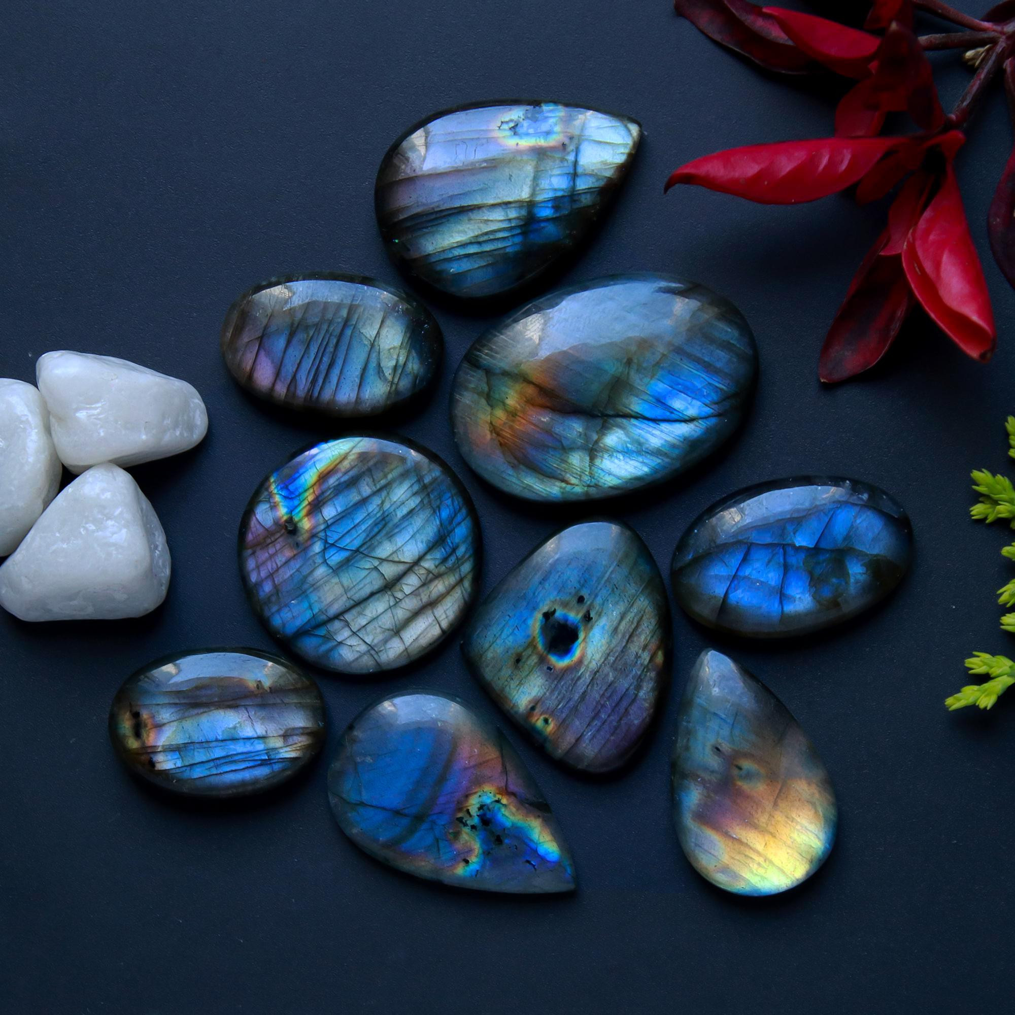 9 Pcs 190 Cts Natural Blue Labradorite Gemstone Cabochon Semi Precious Wholesale Lot Handmade Jewelry Making Supplies Pendant For Her 30x21 20x13mm13830