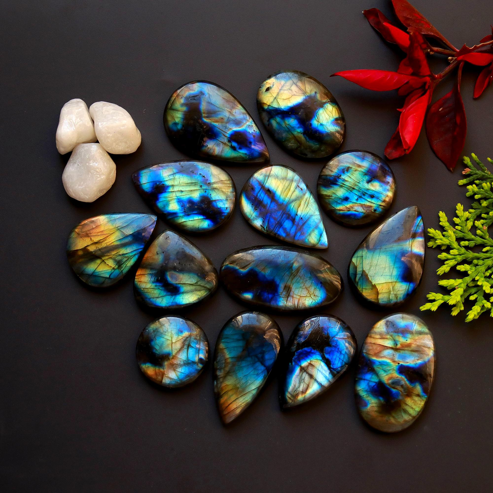 13 Pcs 398 Cts Natural Blue Labradorite Gemstone Cabochon Semi Precious Wholesale Lot Handmade Jewelry Making Supplies Pendant For Her 36x20 20x20mm13839