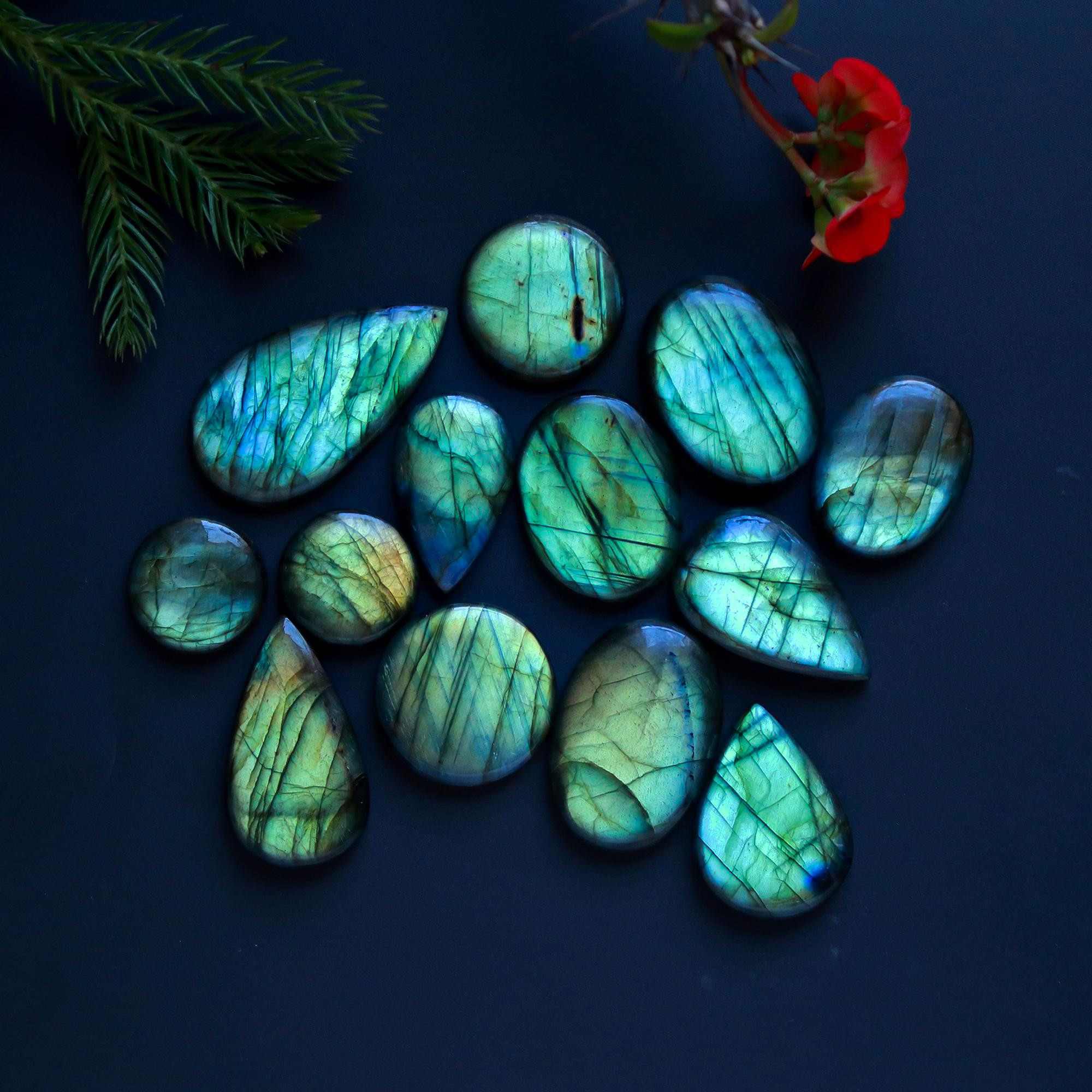 13 Pcs 343 Cts Natural Blue Labradorite Gemstone Cabochon Semi Precious Wholesale Lot Handmade Jewelry Making Supplies Pendant For Her 38x21 18x18mm13841