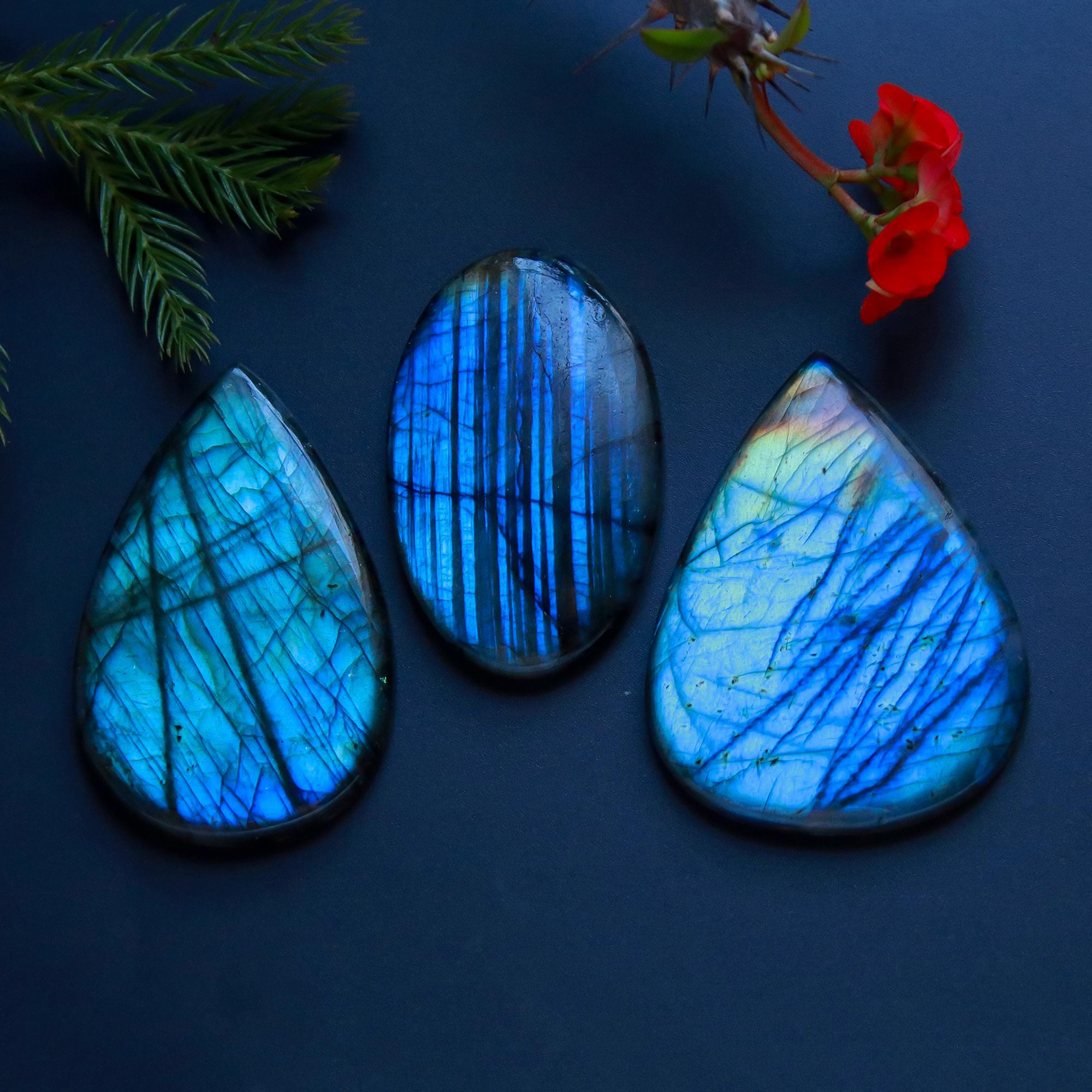 3 Pcs 362 Cts Natural Blue Labradorite Gemstone Cabochon Semi Precious Wholesale Lot Handmade Jewelry Making Supplies Pendant For Her 58x38 50x32mm13843