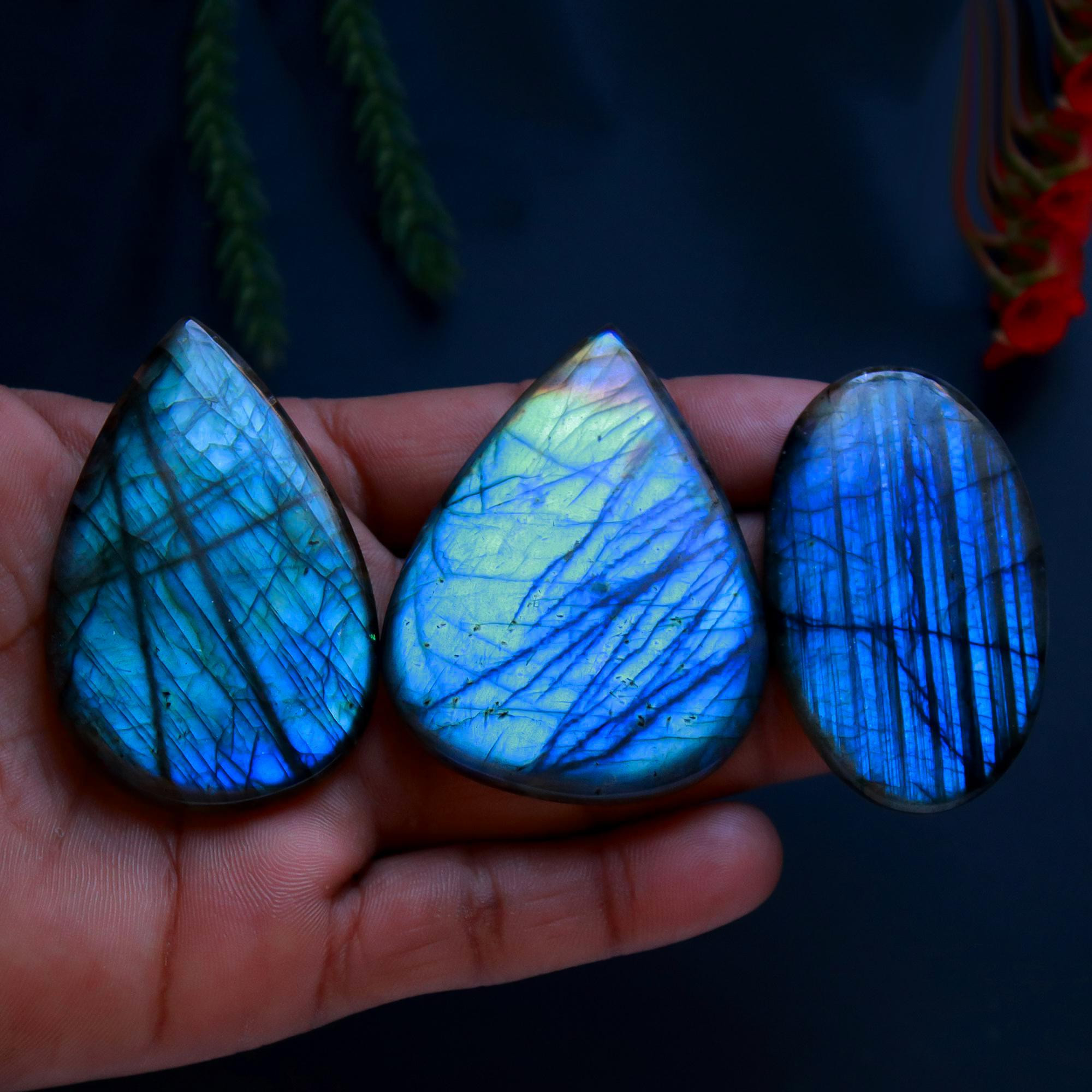 3 Pcs 362 Cts Natural Blue Labradorite Gemstone Cabochon Semi Precious Wholesale Lot Handmade Jewelry Making Supplies Pendant For Her 58x38 50x32mm13843