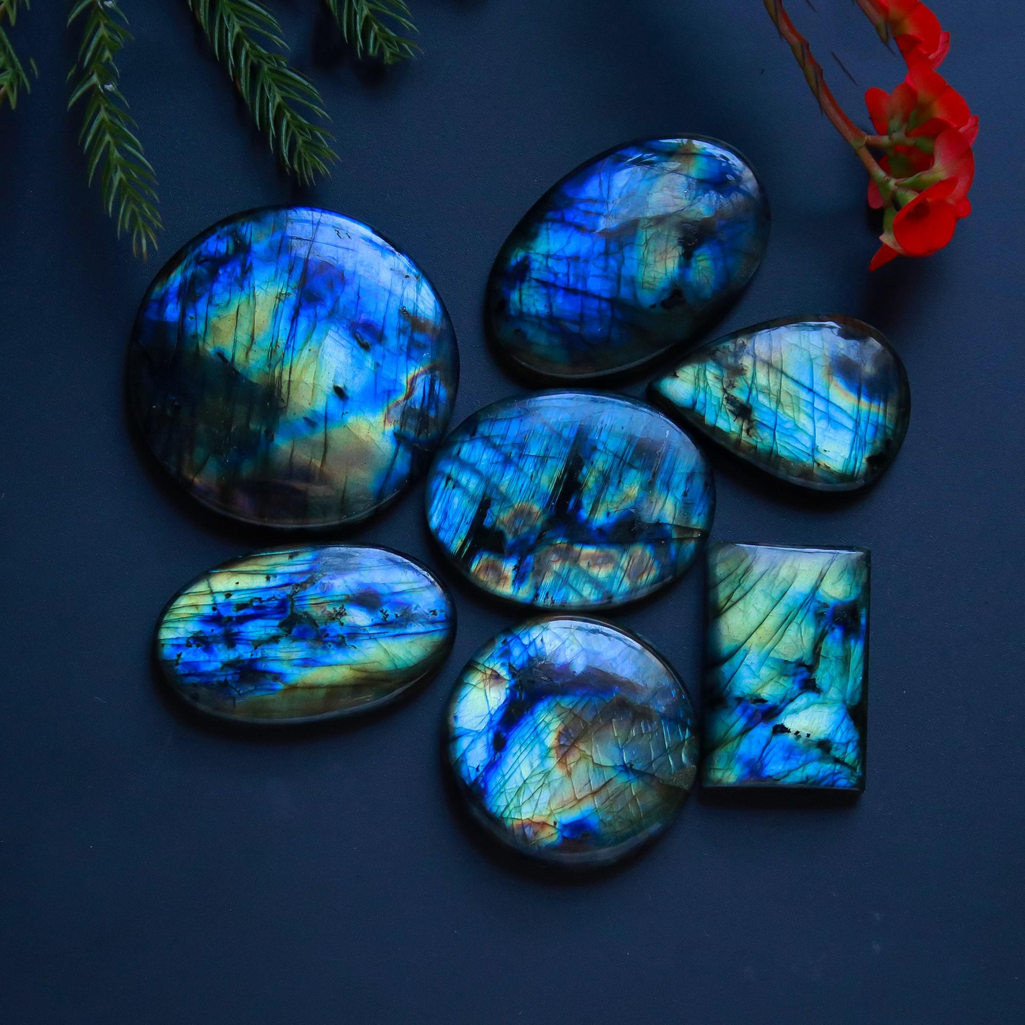 7 Pcs 462 Cts Natural Blue Labradorite Gemstone Cabochon Semi Precious Wholesale Lot Handmade Jewelry Making Supplies Pendant For Her 41x41 45x26mm13844