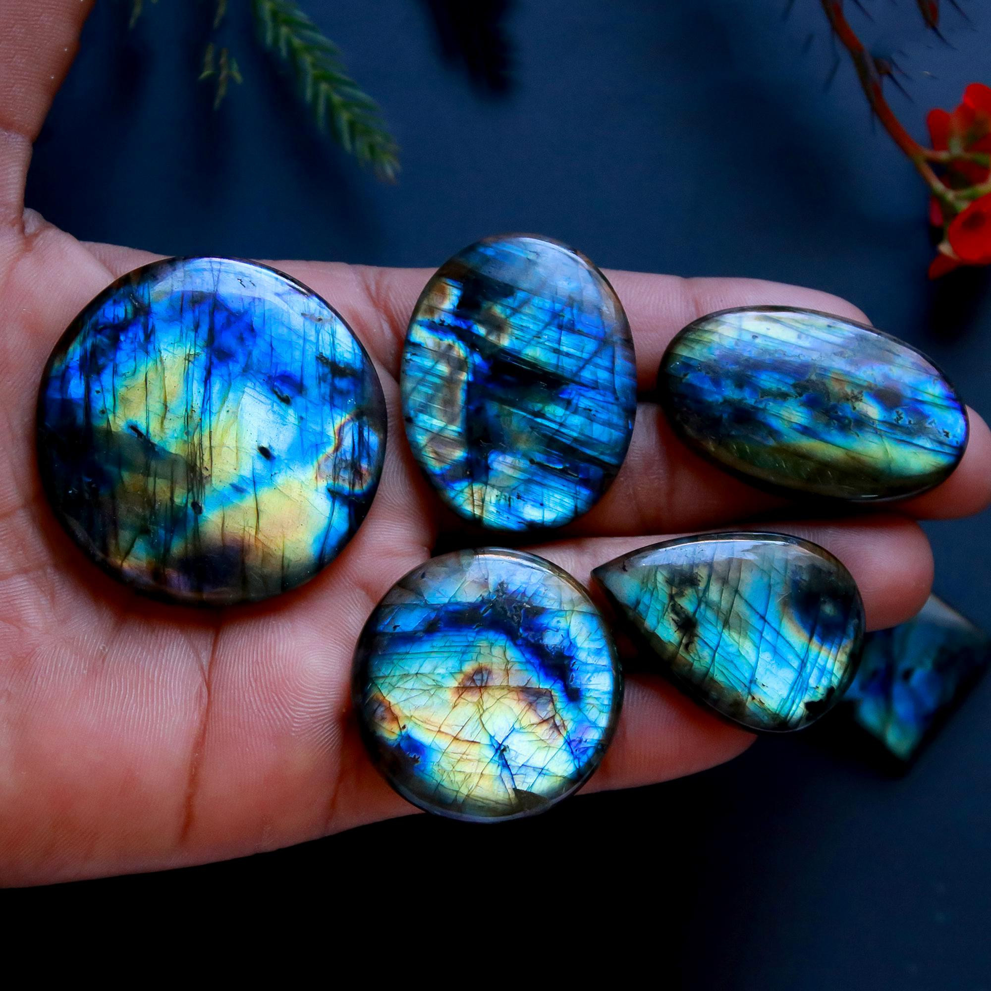 7 Pcs 462 Cts Natural Blue Labradorite Gemstone Cabochon Semi Precious Wholesale Lot Handmade Jewelry Making Supplies Pendant For Her 41x41 45x26mm13844