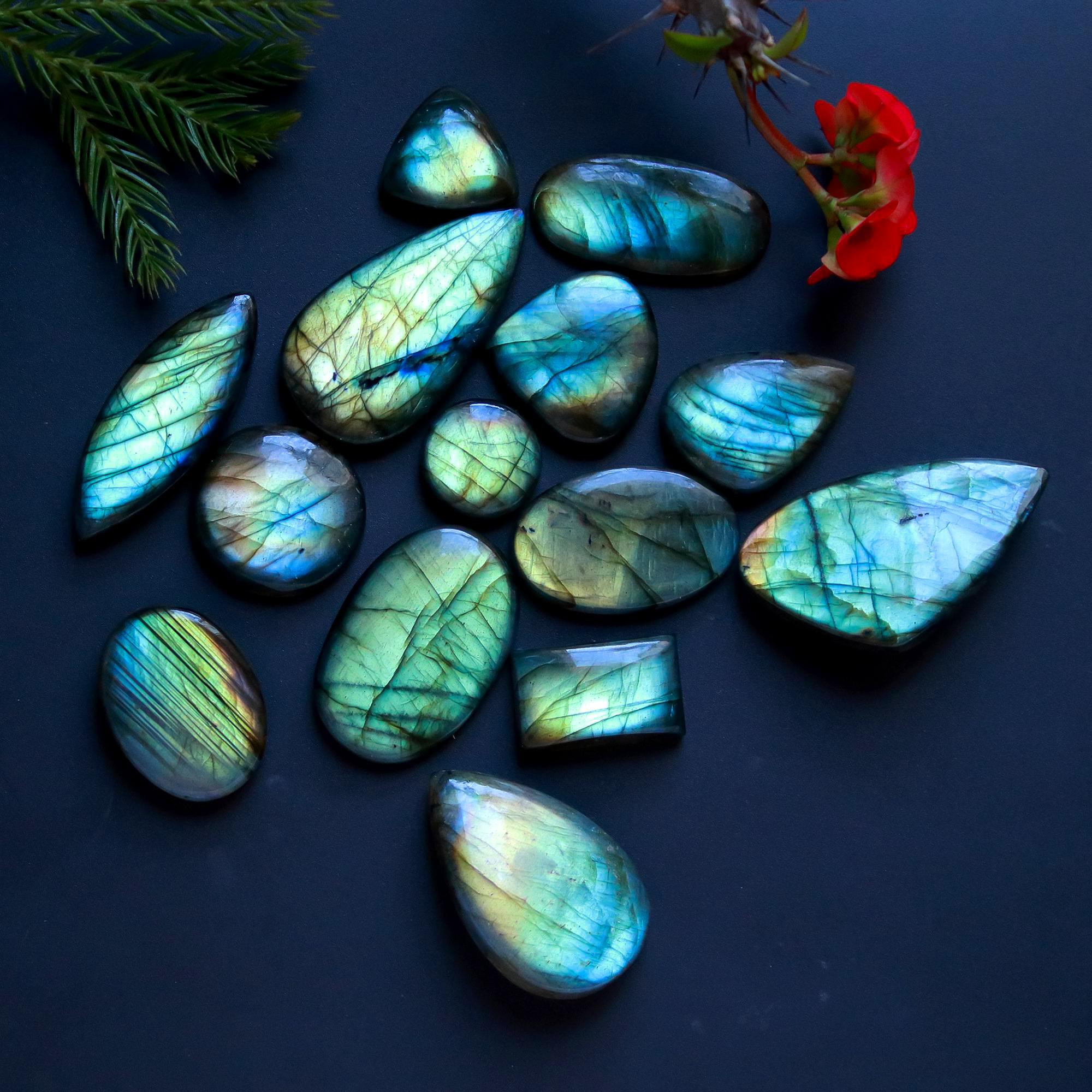 14 Pcs 402 Cts Natural Blue Labradorite Gemstone Cabochon Semi Precious Wholesale Lot Handmade Jewelry Making Supplies Pendant For Her 40x21 15x15mm13846
