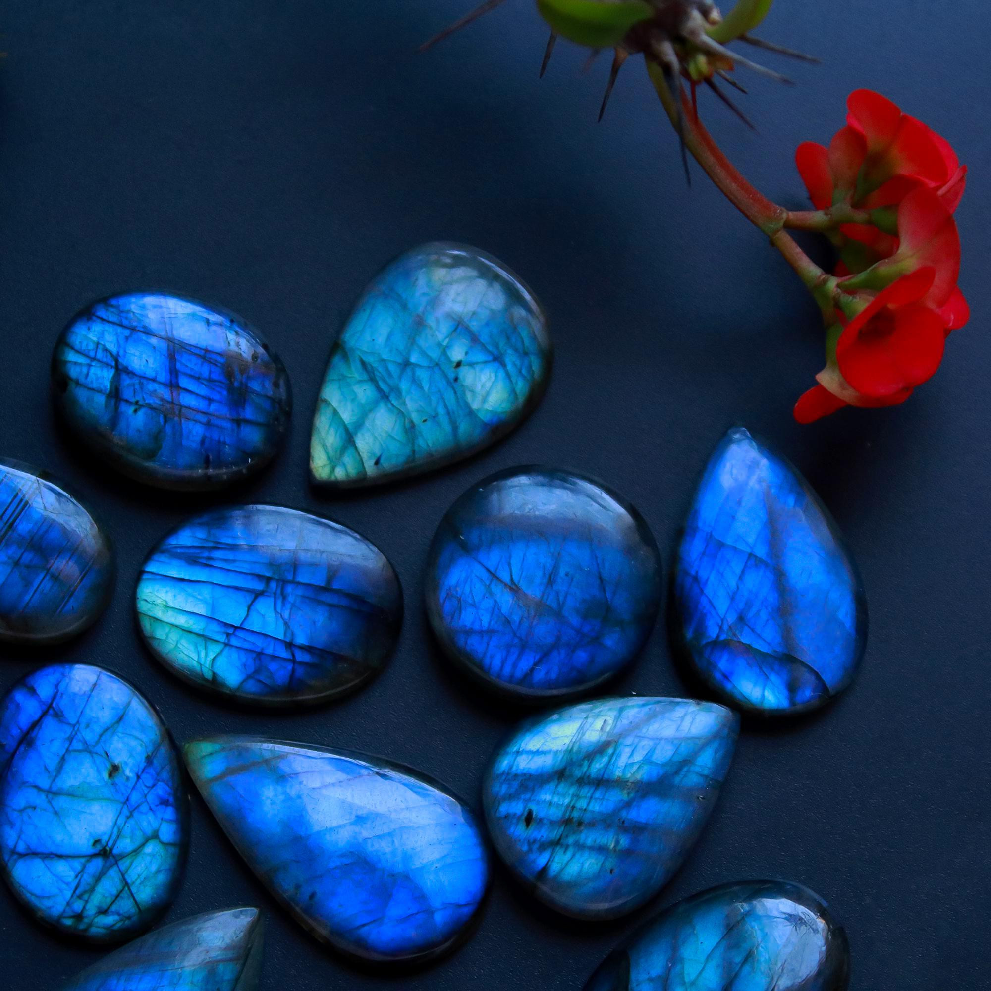 14 Pcs 205 Cts Natural Blue Labradorite Gemstone Cabochon Semi Precious Wholesale Lot Handmade Jewelry Making Supplies Pendant For Her 29x14 20x15mm13847