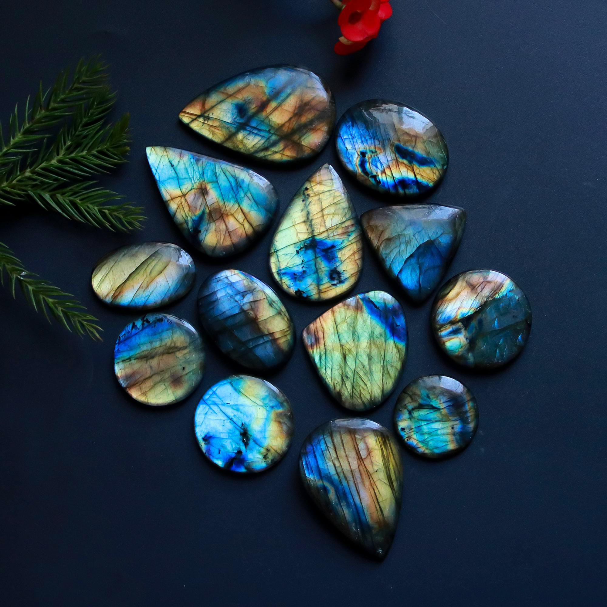 13 Pcs 347 Cts Natural Blue Labradorite Gemstone Cabochon Semi Precious Wholesale Lot Handmade Jewelry Making Supplies Pendant For Her 40x24 25x30mm13850