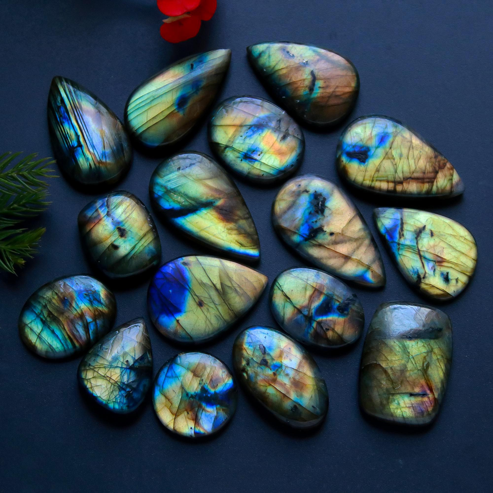15 Pcs 357 Cts Natural Blue Labradorite Gemstone Cabochon Semi Precious Wholesale Lot Handmade Jewelry Making Supplies Pendant For Her 33x14 21x14mm13852