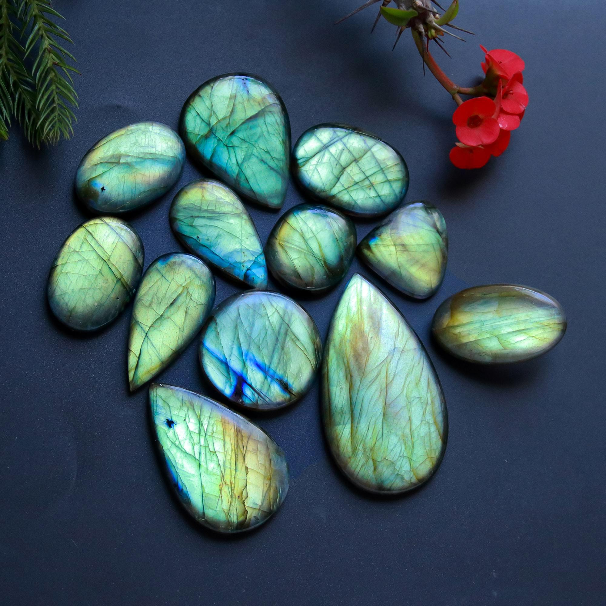 12 Pcs 358 Cts Natural Blue Labradorite Gemstone Cabochon Semi Precious Wholesale Lot Handmade Jewelry Making Supplies Pendant For Her 50x30 20x21 mm13860