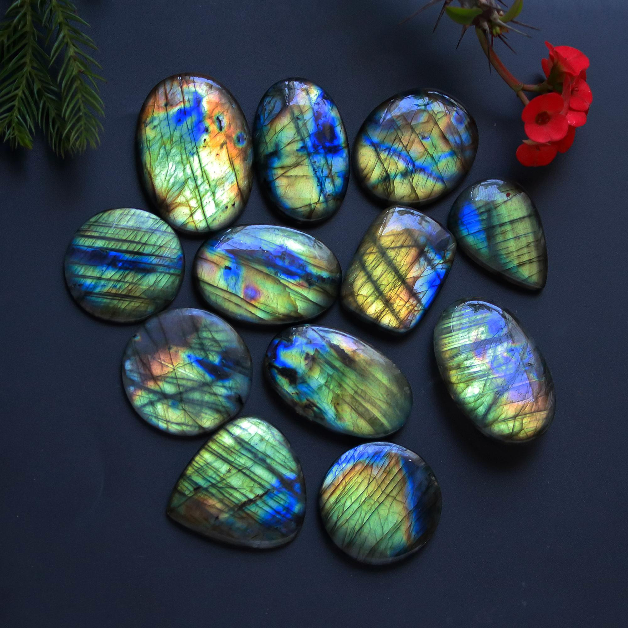 12 Pcs 374 Cts Natural Blue Labradorite Gemstone Cabochon Semi Precious Wholesale Lot Handmade Jewelry Making Supplies Pendant For Her 45x22 27x20 mm13861