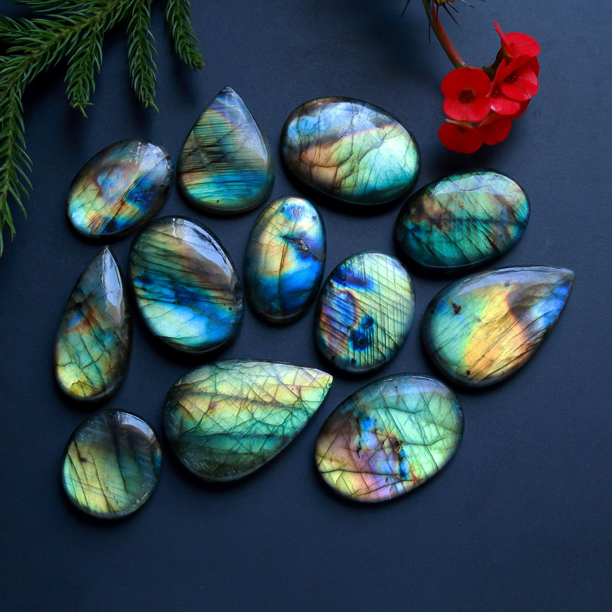 12 Pcs 376 Cts Natural Blue Labradorite Gemstone Cabochon Semi Precious Wholesale Lot Handmade Jewelry Making Supplies Pendant For Her 35x23 20x20 mm13864