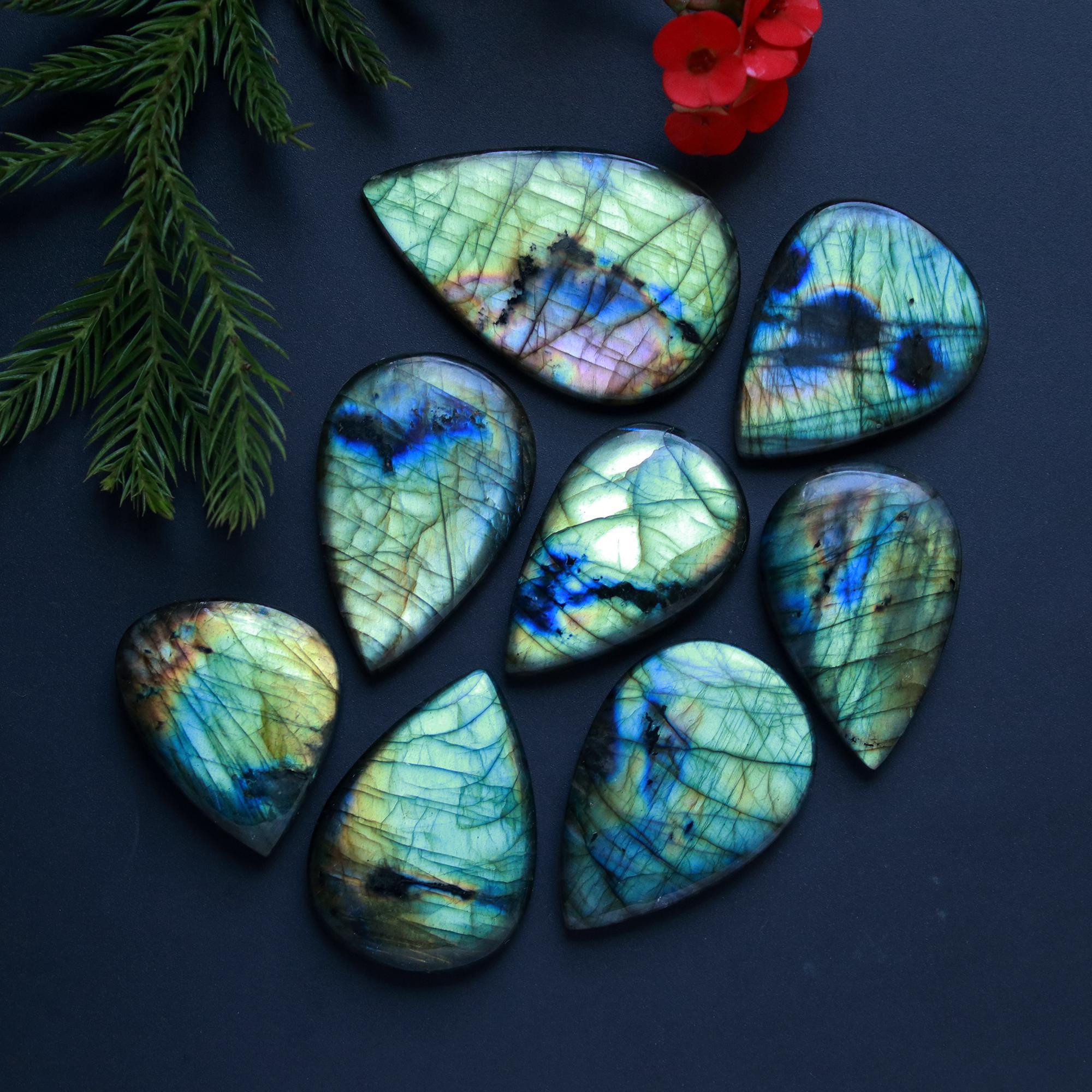 8 Pcs 362 Cts Natural Blue Labradorite Gemstone Cabochon Semi Precious Wholesale Lot Handmade Jewelry Making Supplies Pendant For Her 50x30 30x25 mm13866