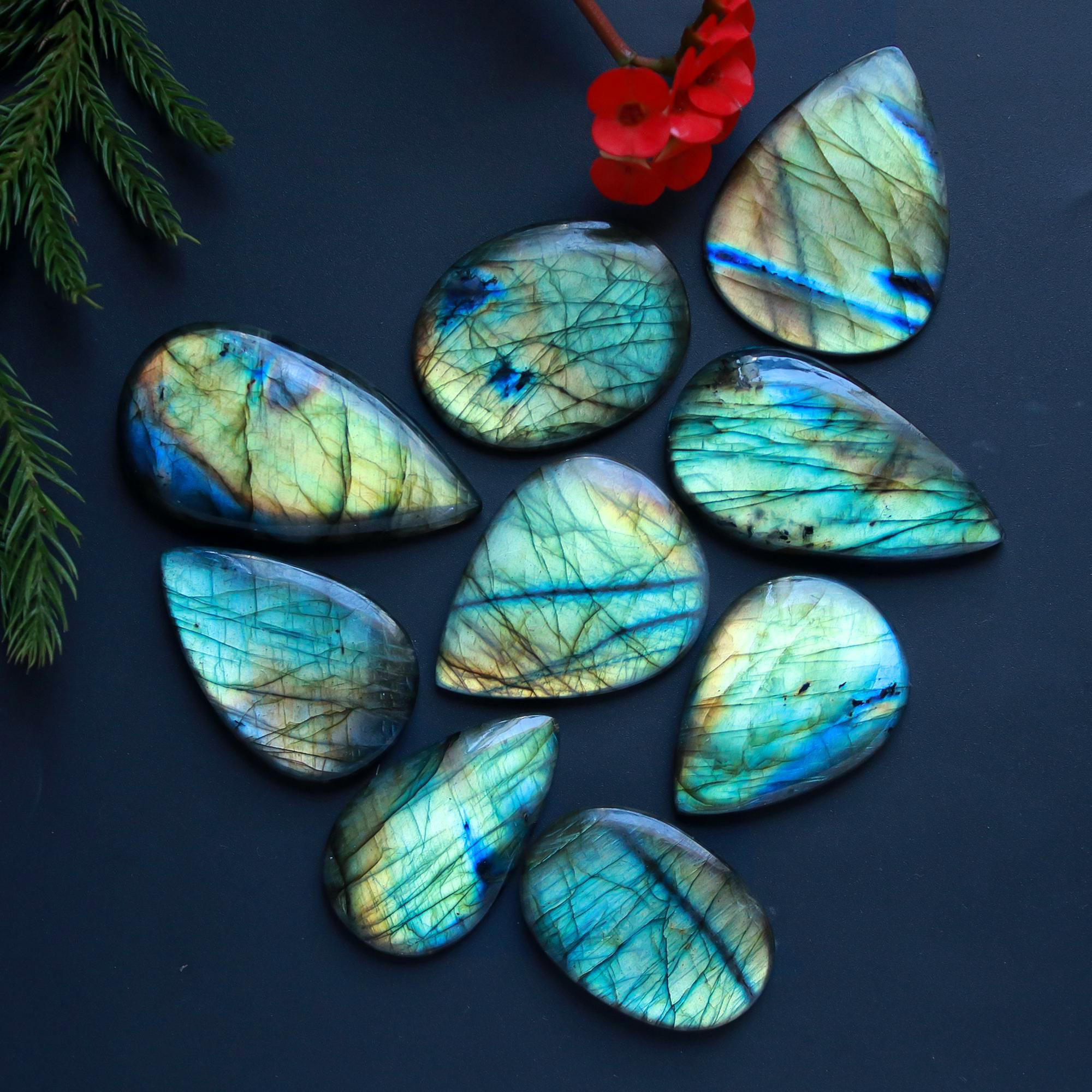 9 Pcs 413 Cts Natural Blue Labradorite Gemstone Cabochon Semi Precious Wholesale Lot Handmade Jewelry Making Supplies Pendant For Her 50x25 33x25 mm13867