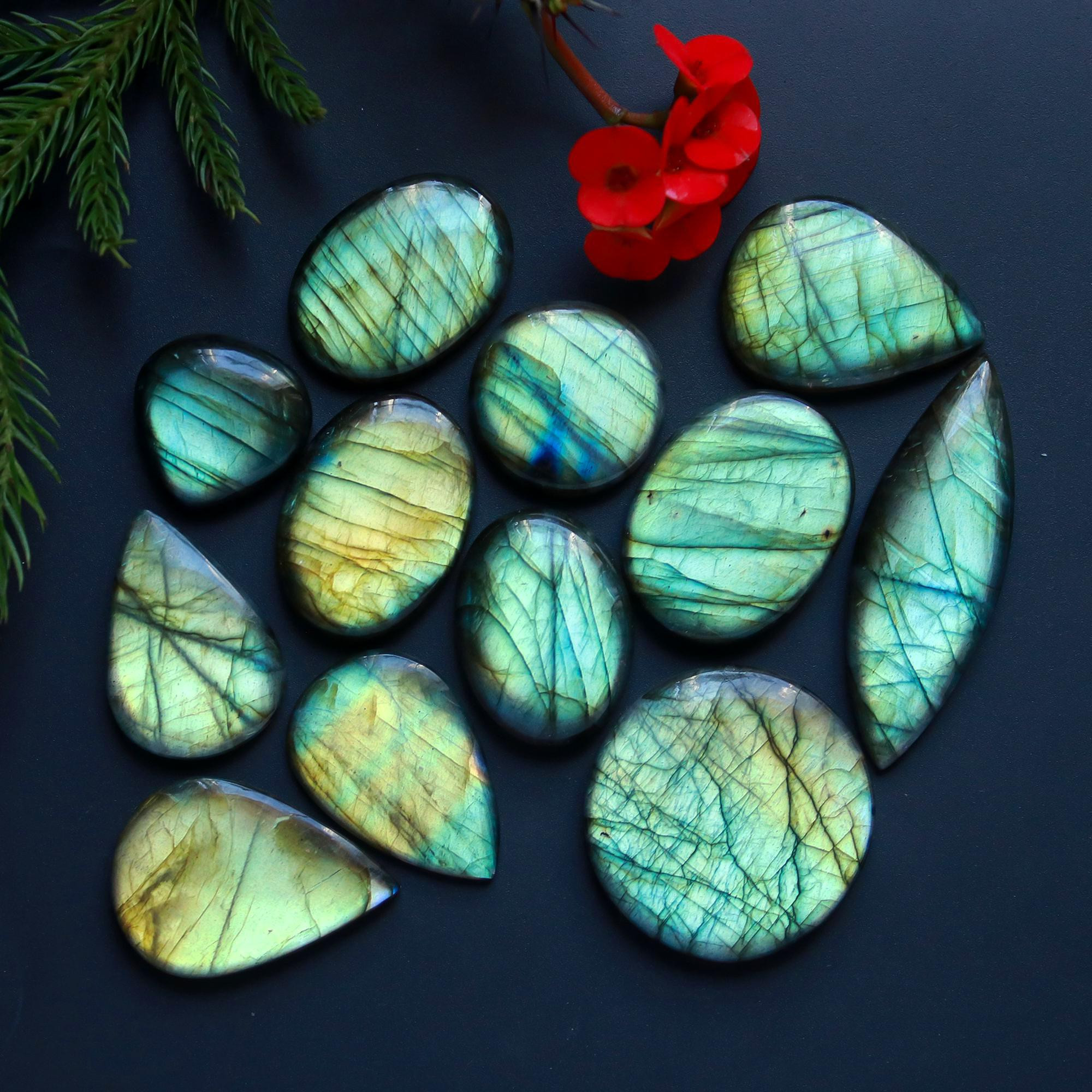 12 Pcs 345 Cts Natural Blue Labradorite Gemstone Cabochon Semi Precious Wholesale Lot Handmade Jewelry Making Supplies Pendant For Her 50x13 20x20 mm13869