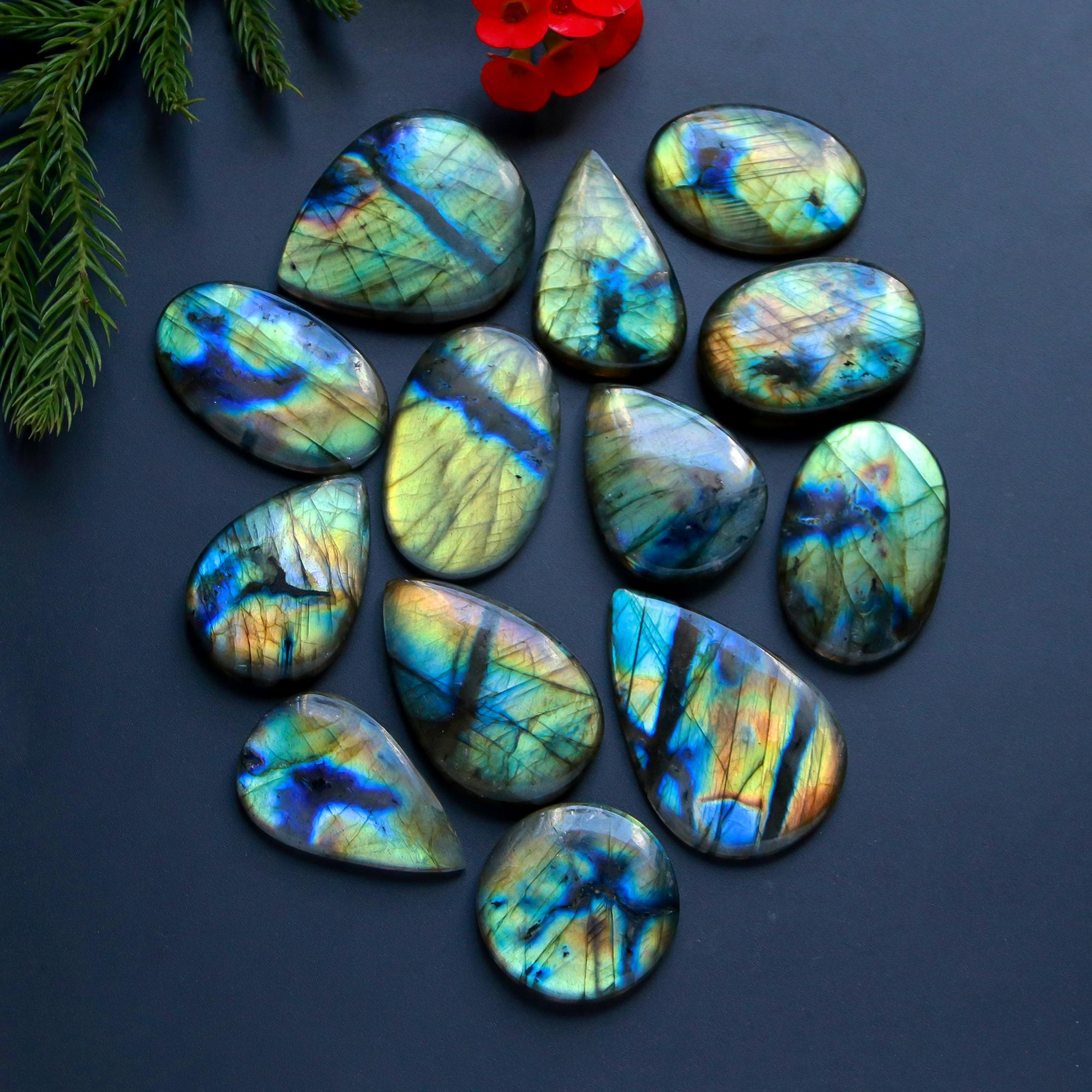 13 Pcs 399 Cts Natural Blue Labradorite Gemstone Cabochon Semi Precious Wholesale Lot Handmade Jewelry Making Supplies Pendant For Her 40x25 30x22 mm13870