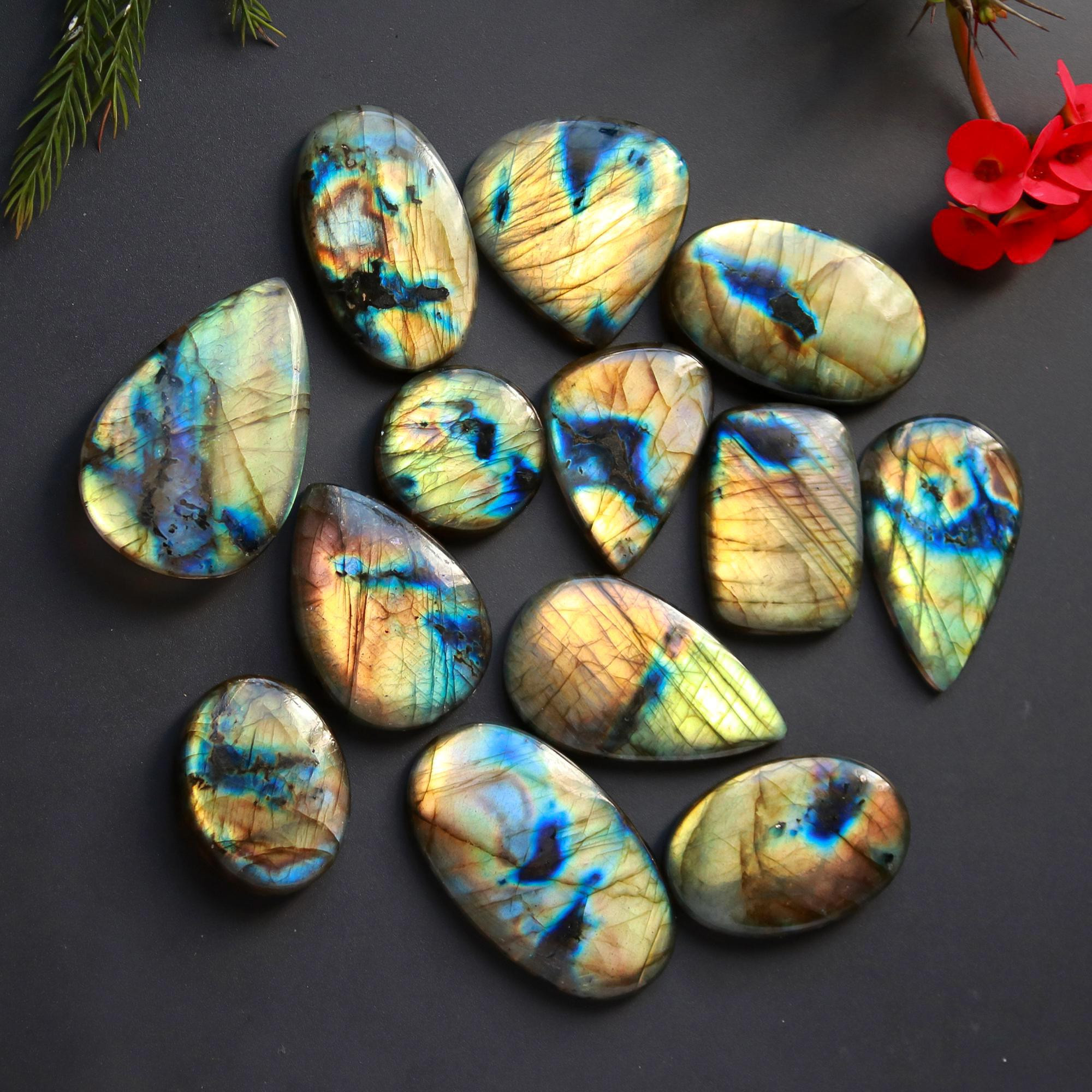 13 Pcs 426 Cts Natural Blue Labradorite Gemstone Cabochon Semi Precious Wholesale Lot Handmade Jewelry Making Supplies Pendant For Her 40x21 20x20 mm13876