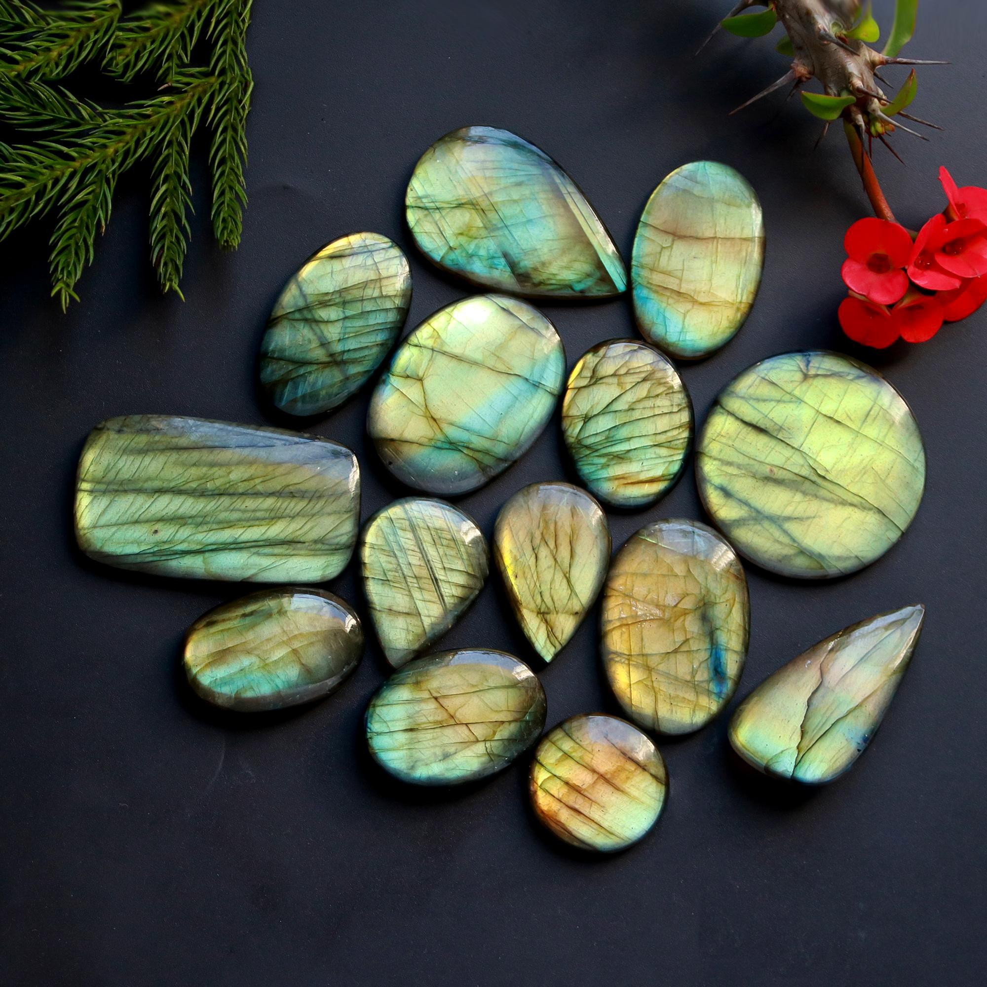 14 Pcs 418 Cts Natural Blue Labradorite Gemstone Cabochon Semi Precious Wholesale Lot Handmade Jewelry Making Supplies Pendant For Her 40x22 20x20 mm13879