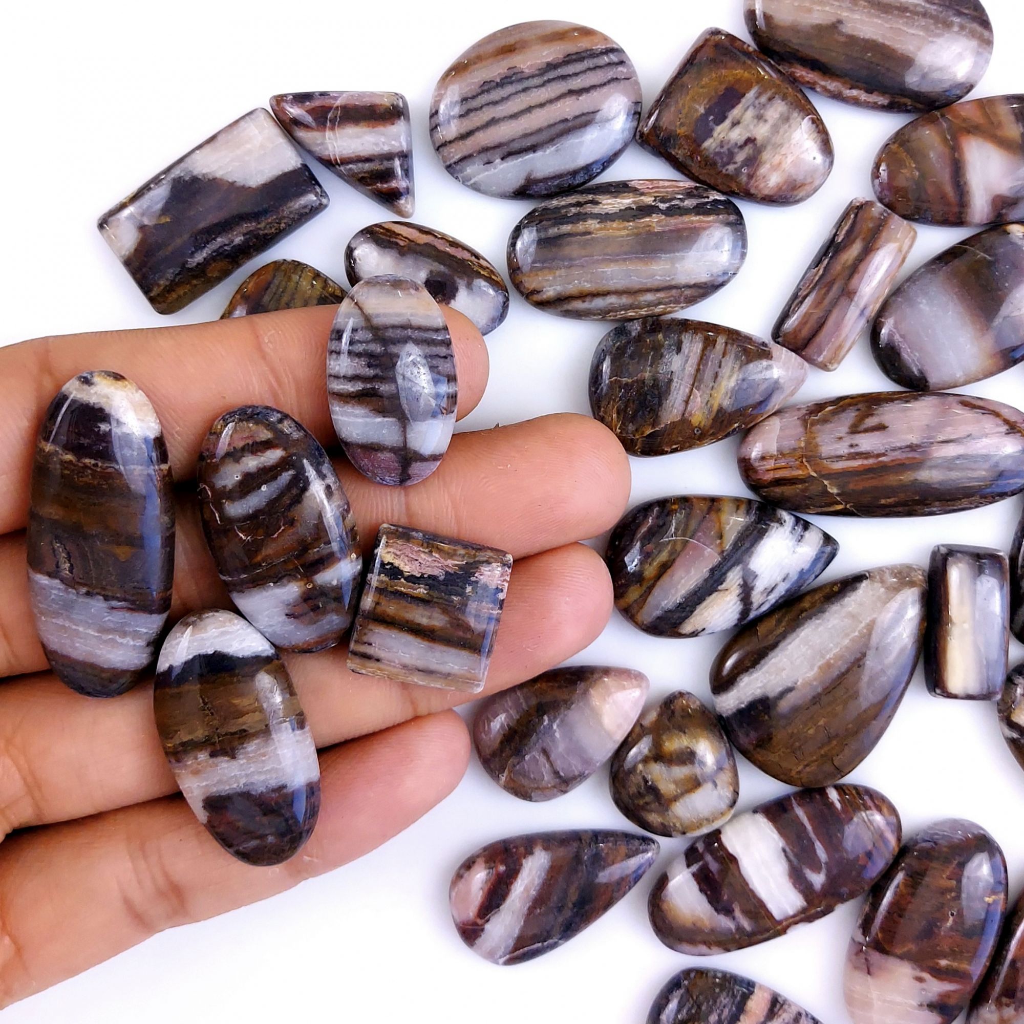 33Pcs 793Cts Natural Brown Banded Jasper Loose Cabochon Gemstone Lot  for Jewelry Making 38x16 18x14mm#1388