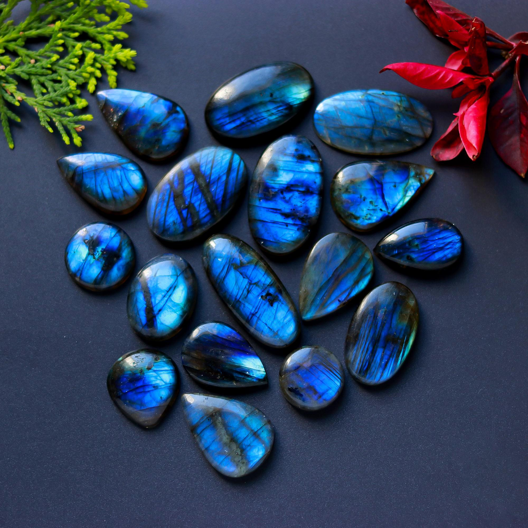 17 Pcs 395 Cts Natural Blue Labradorite Gemstone Cabochon Semi Precious Wholesale Lot Handmade Jewelry Making Supplies Pendant For Her 35x13 30x18 mm13882