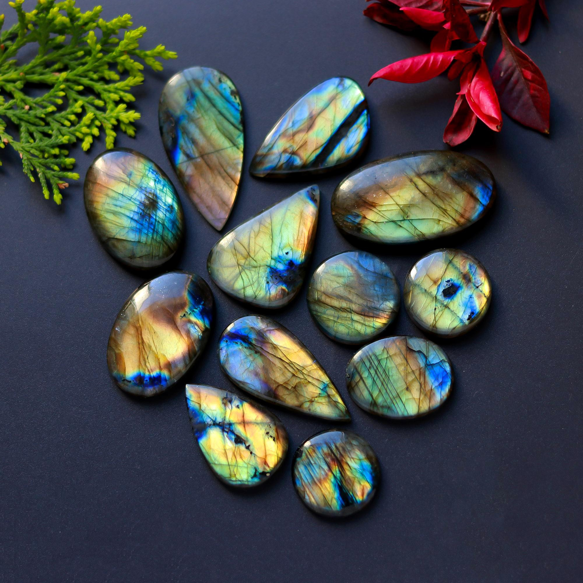 12 Pcs 357 Cts Natural Blue Labradorite Gemstone Cabochon Semi Precious Wholesale Lot Handmade Jewelry Making Supplies Pendant For Her 40x20 25x20 mm13884