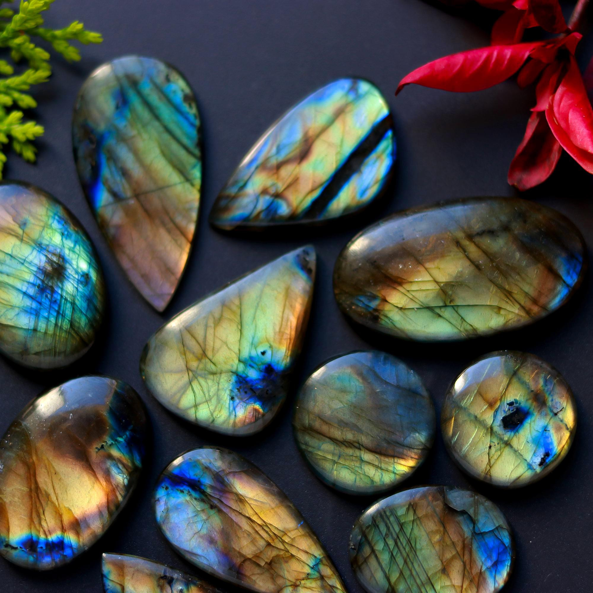 12 Pcs 357 Cts Natural Blue Labradorite Gemstone Cabochon Semi Precious Wholesale Lot Handmade Jewelry Making Supplies Pendant For Her 40x20 25x20 mm13884