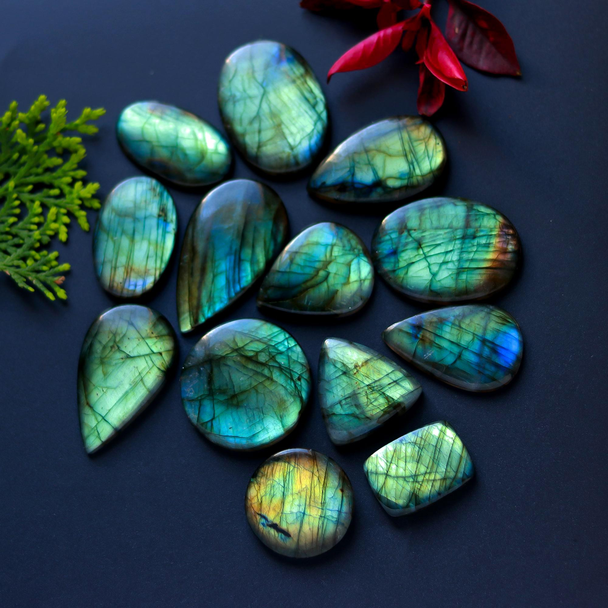 13 Pcs 397 Cts Natural Blue Labradorite Gemstone Cabochon Semi Precious Wholesale Lot Handmade Jewelry Making Supplies Pendant For Her 40x20 25x15 mm13888