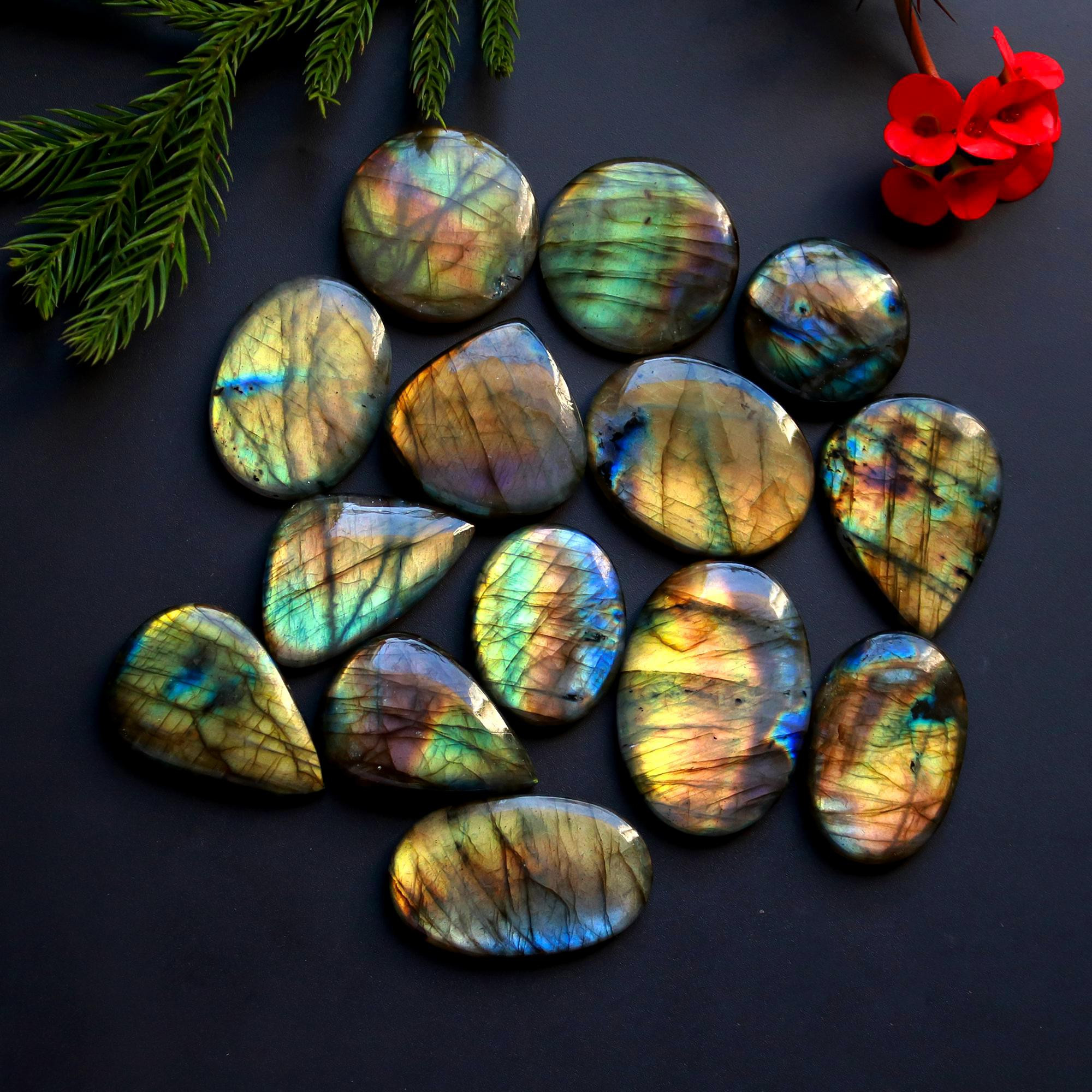 14 Pcs 435 Cts Natural Blue Labradorite Gemstone Cabochon Semi Precious Wholesale Lot Handmade Jewelry Making Supplies Pendant For Her 39x25 22x22 mm13891