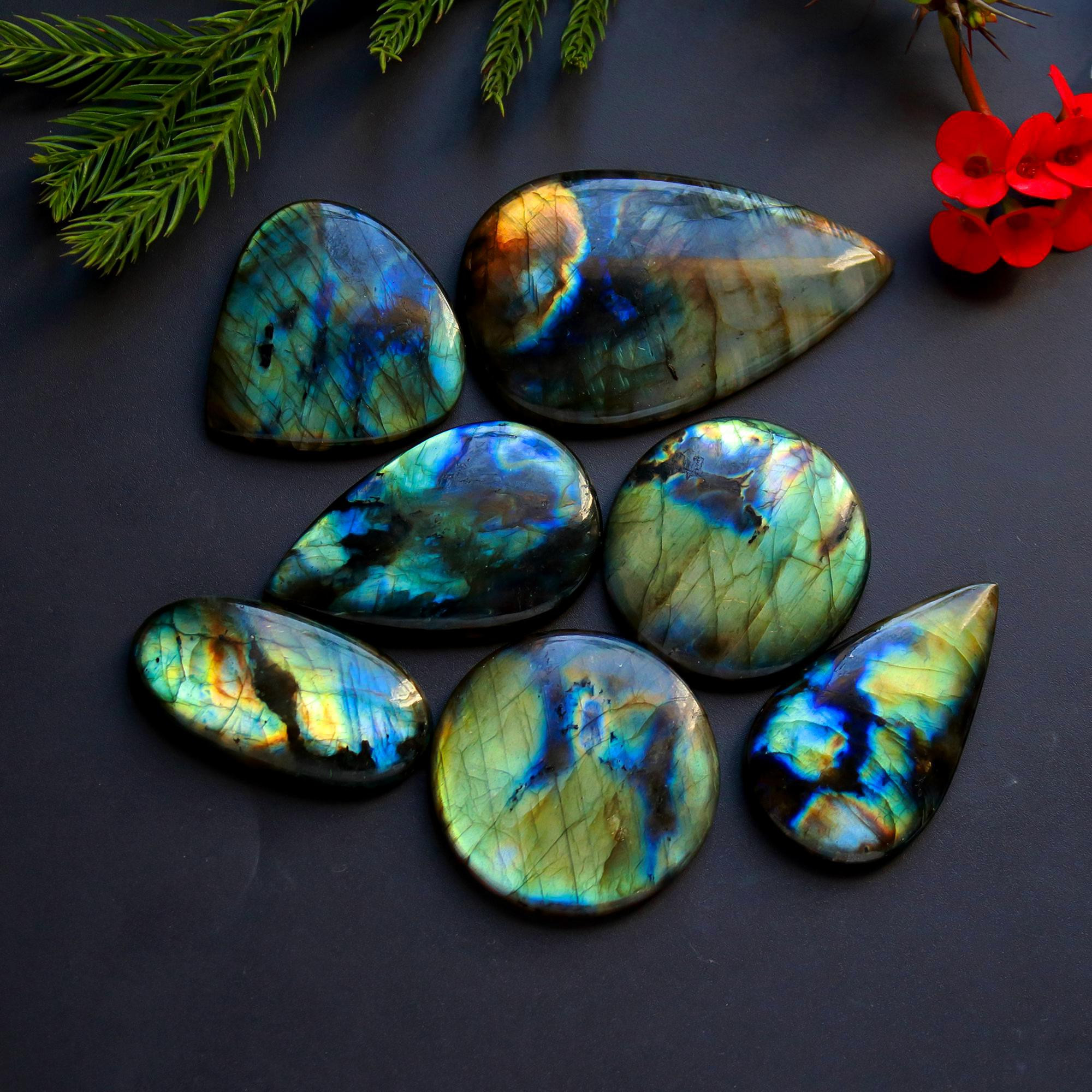 7 Pcs 406 Cts Natural Blue Labradorite Gemstone Cabochon Semi Precious Wholesale Lot Handmade Jewelry Making Supplies Pendant For Her 55x32 40x20mm13895