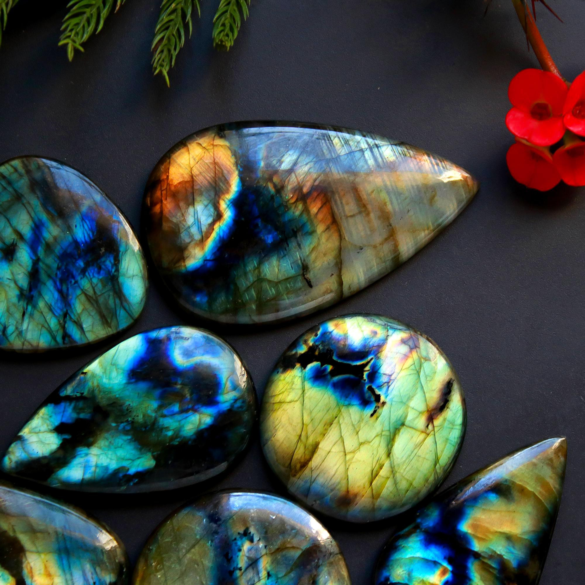 7 Pcs 406 Cts Natural Blue Labradorite Gemstone Cabochon Semi Precious Wholesale Lot Handmade Jewelry Making Supplies Pendant For Her 55x32 40x20mm13895