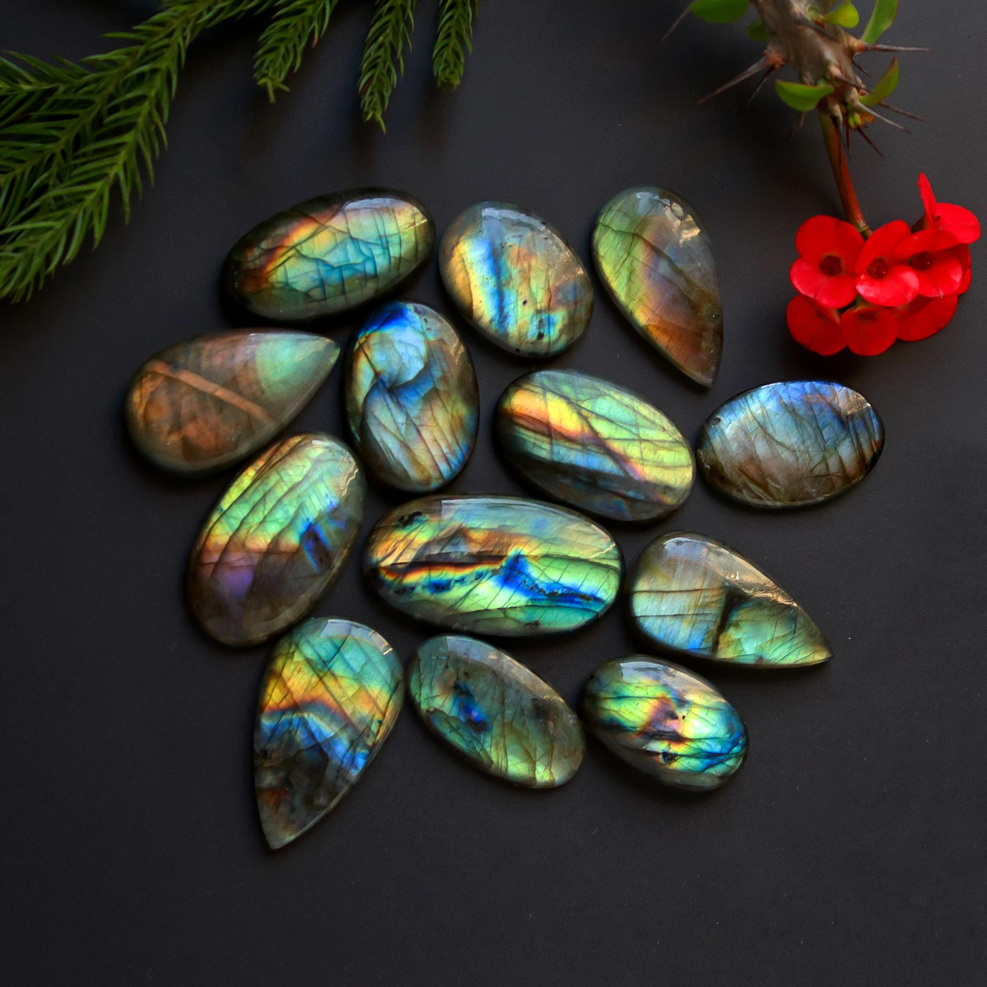 13 Pcs 315 Cts Natural Blue Labradorite Gemstone Cabochon Semi Precious Wholesale Lot Handmade Jewelry Making Supplies Pendant For Her 38x20 23x12mm13902