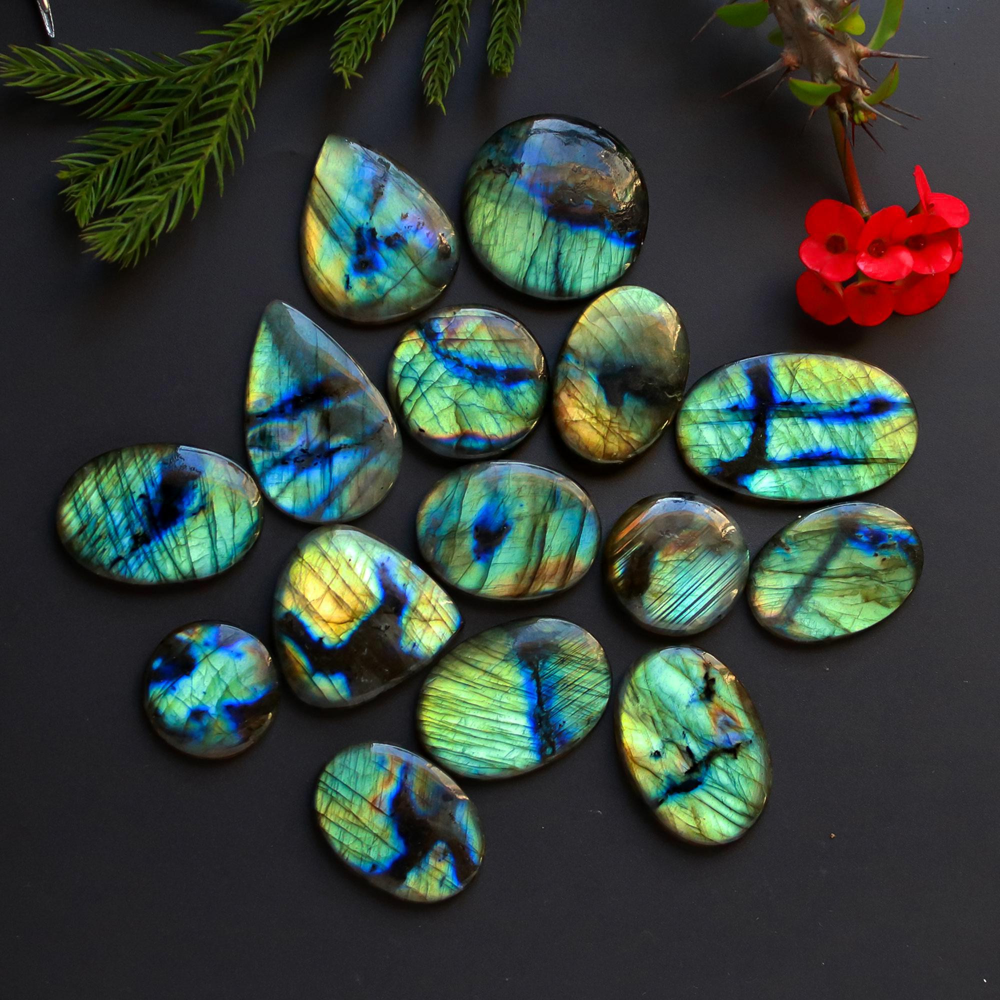 15 Pcs 409 Cts Natural Blue Labradorite Gemstone Cabochon Semi Precious Wholesale Lot Handmade Jewelry Making Supplies Pendant For Her 40x23 20x20mm13903