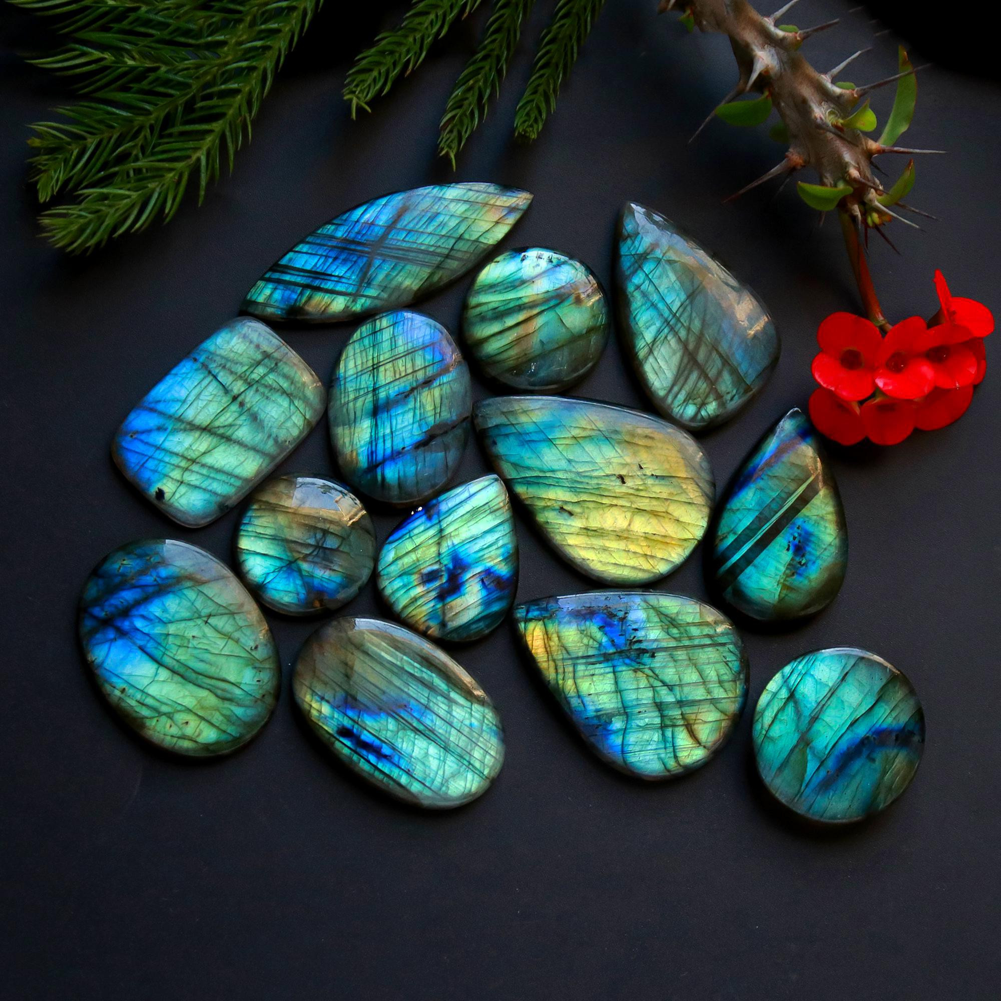 13 Pcs 353 Cts Natural Blue Labradorite Gemstone Cabochon Semi Precious Wholesale Lot Handmade Jewelry Making Supplies Pendant For Her 45x15 25x20mm13906