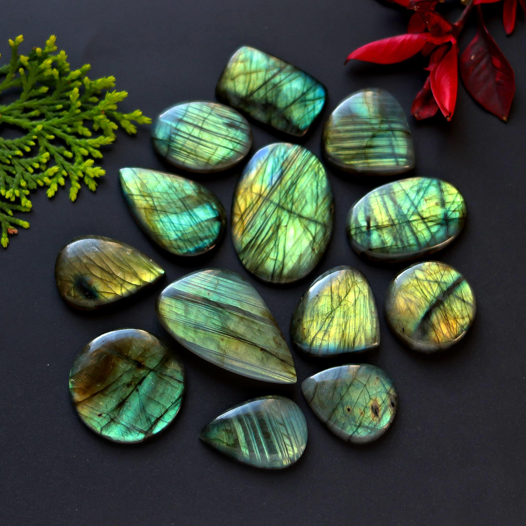 13 Pcs 336 Cts Natural Blue Labradorite Gemstone Cabochon Semi Precious Wholesale Lot Handmade Jewelry Making Supplies Pendant For Her 40x21 23x20mm13914