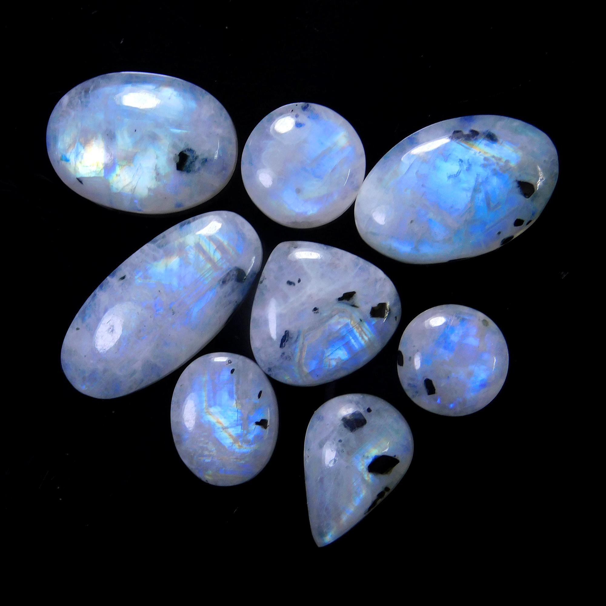 8 Pcs 152 Cts Natural Rainbow Moonstone Gemstone Cabochon Lot 14x14-31x14mm13919