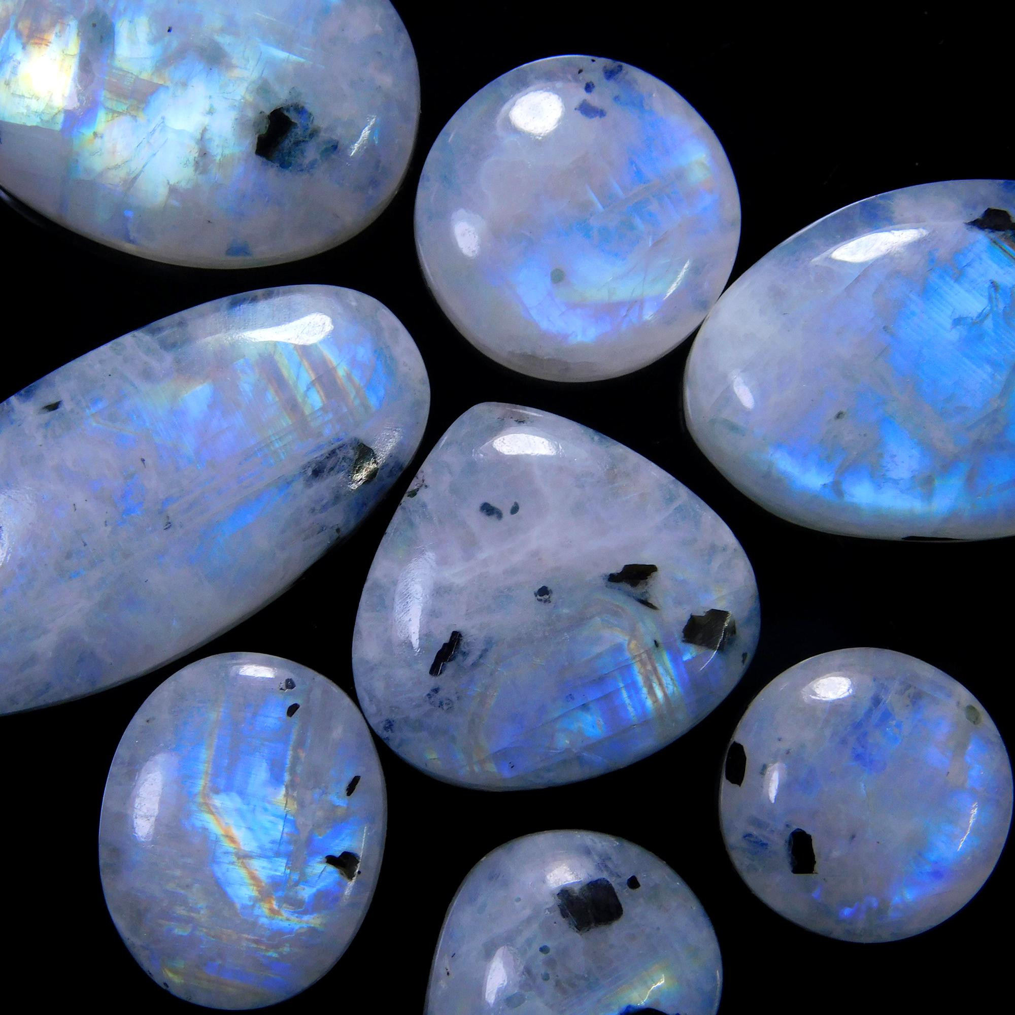 8 Pcs 152 Cts Natural Rainbow Moonstone Gemstone Cabochon Lot 14x14-31x14mm13919