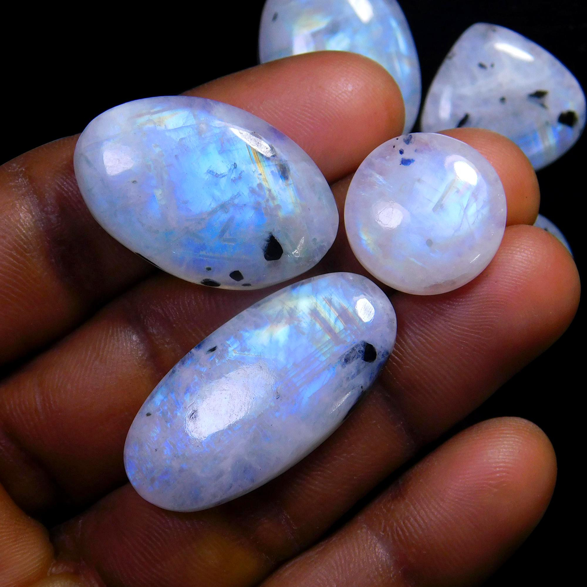 8 Pcs 152 Cts Natural Rainbow Moonstone Gemstone Cabochon Lot 14x14-31x14mm13919