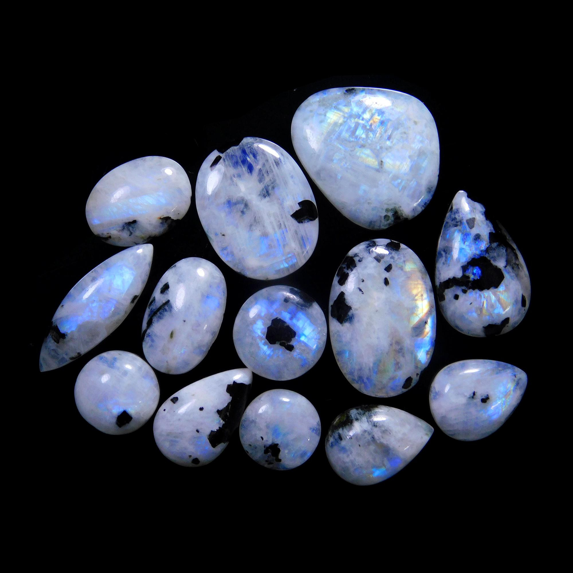 13 Pcs 233 Cts Natural Rainbow Moonstone Gemstone Cabochon Lot 14x14-29x25mm13920