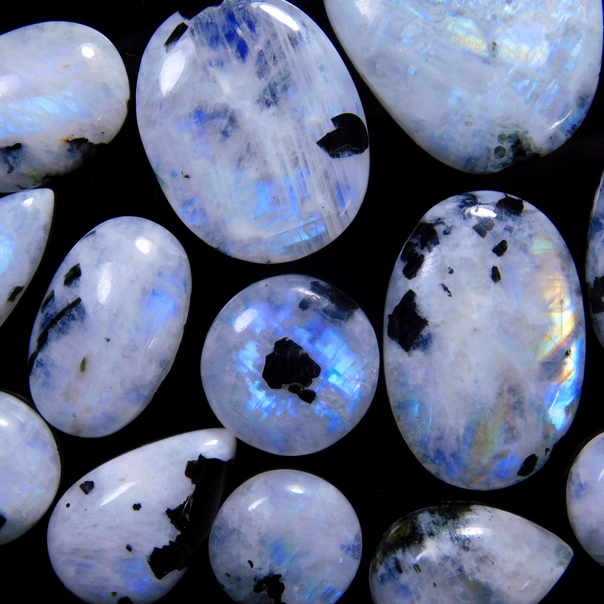 13 Pcs 233 Cts Natural Rainbow Moonstone Gemstone Cabochon Lot 14x14-29x25mm13920