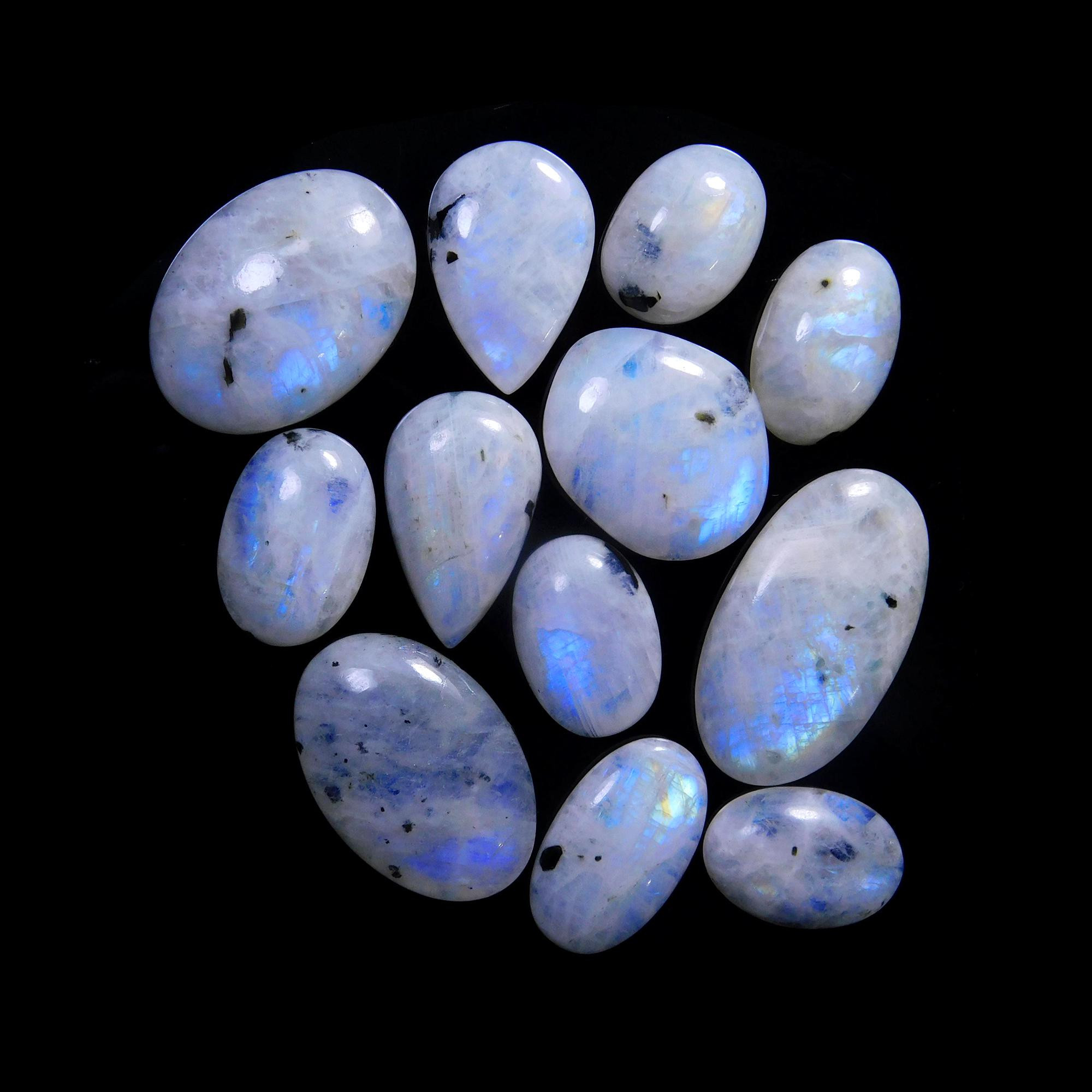 12 Pcs 267 Cts Natural Rainbow Moonstone Gemstone Cabochon Lot 18x13-34x18mm13921