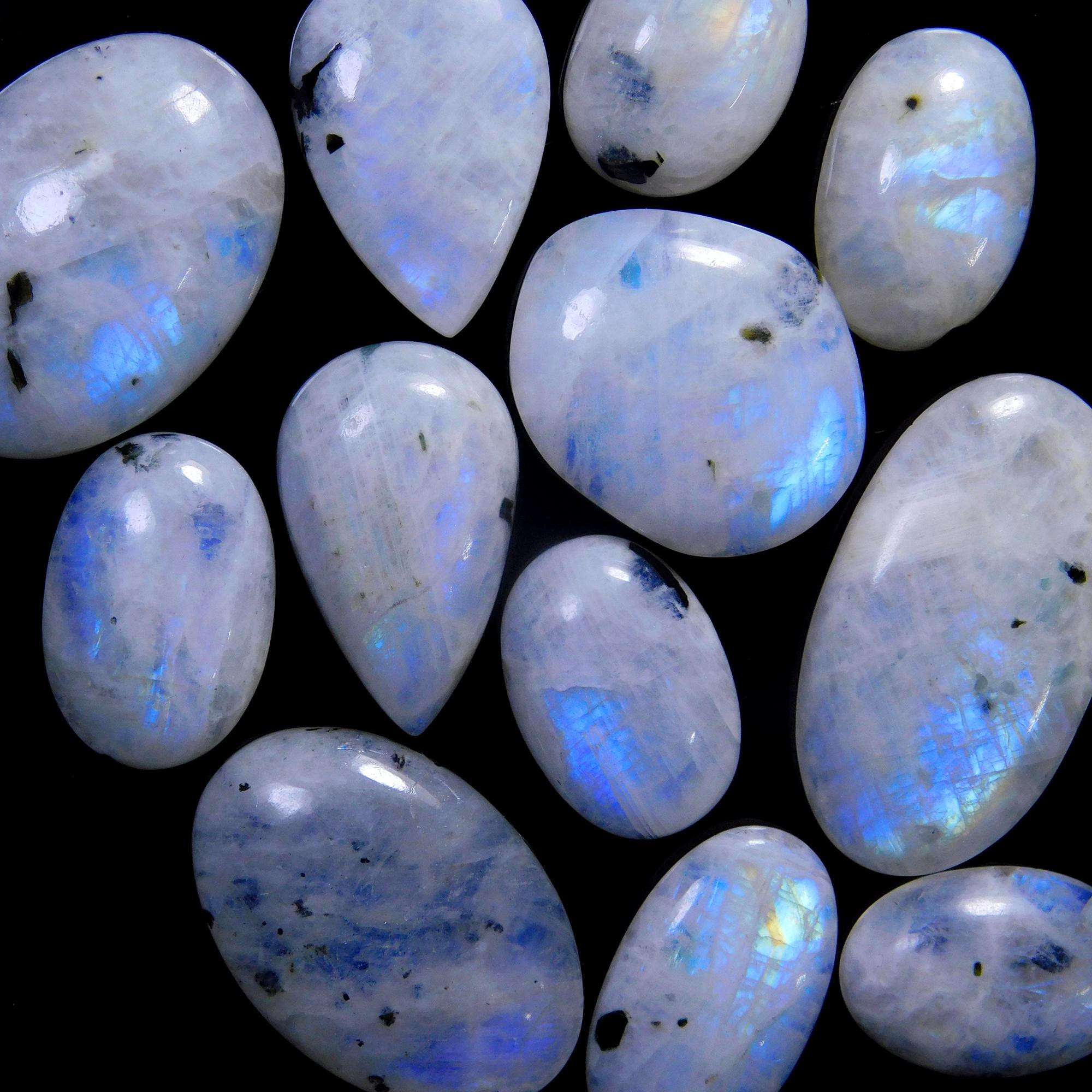 12 Pcs 267 Cts Natural Rainbow Moonstone Gemstone Cabochon Lot 18x13-34x18mm13921