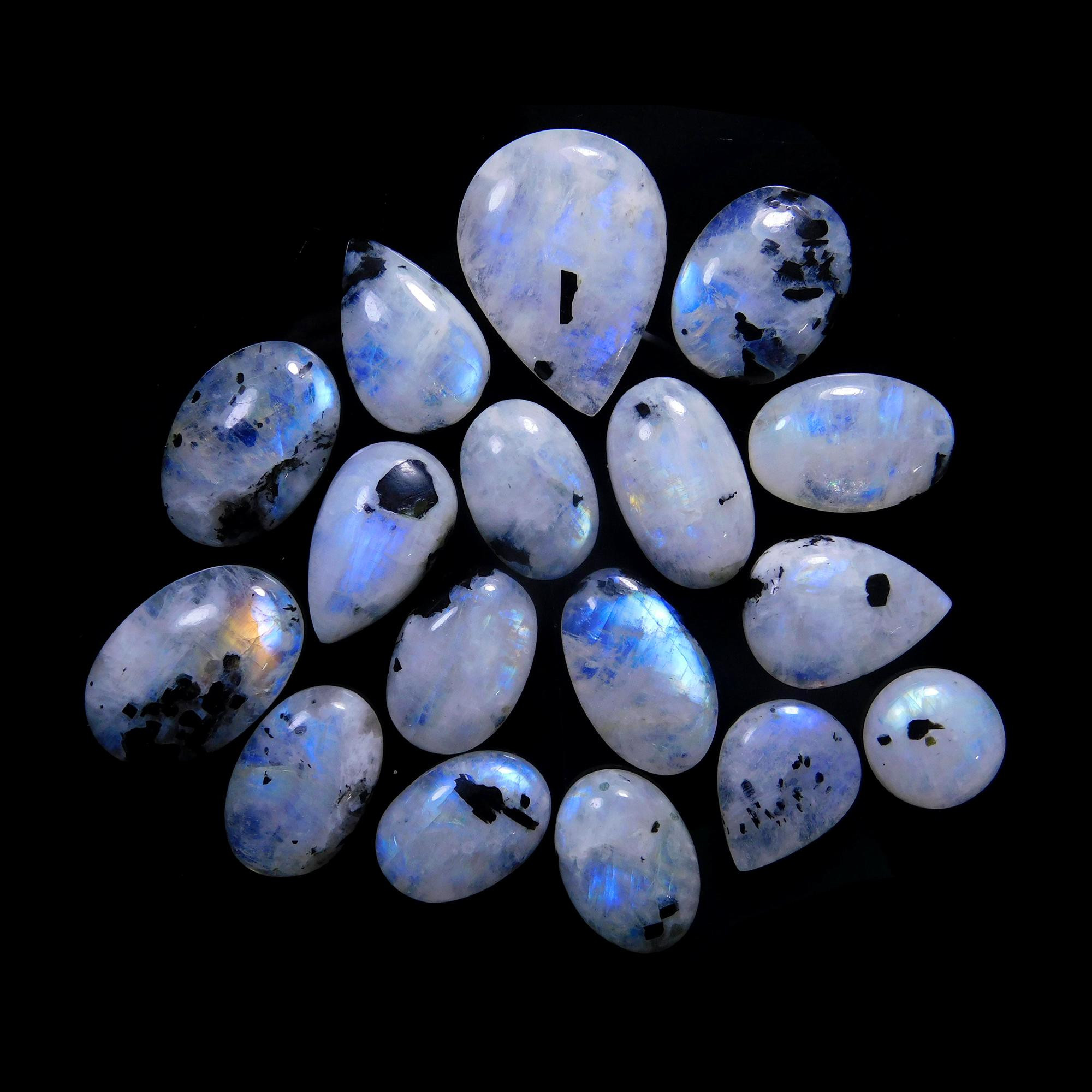 17 Pcs 286 Cts Natural Rainbow Moonstone Gemstone Cabochon Lot 14x14-30x22mm13922