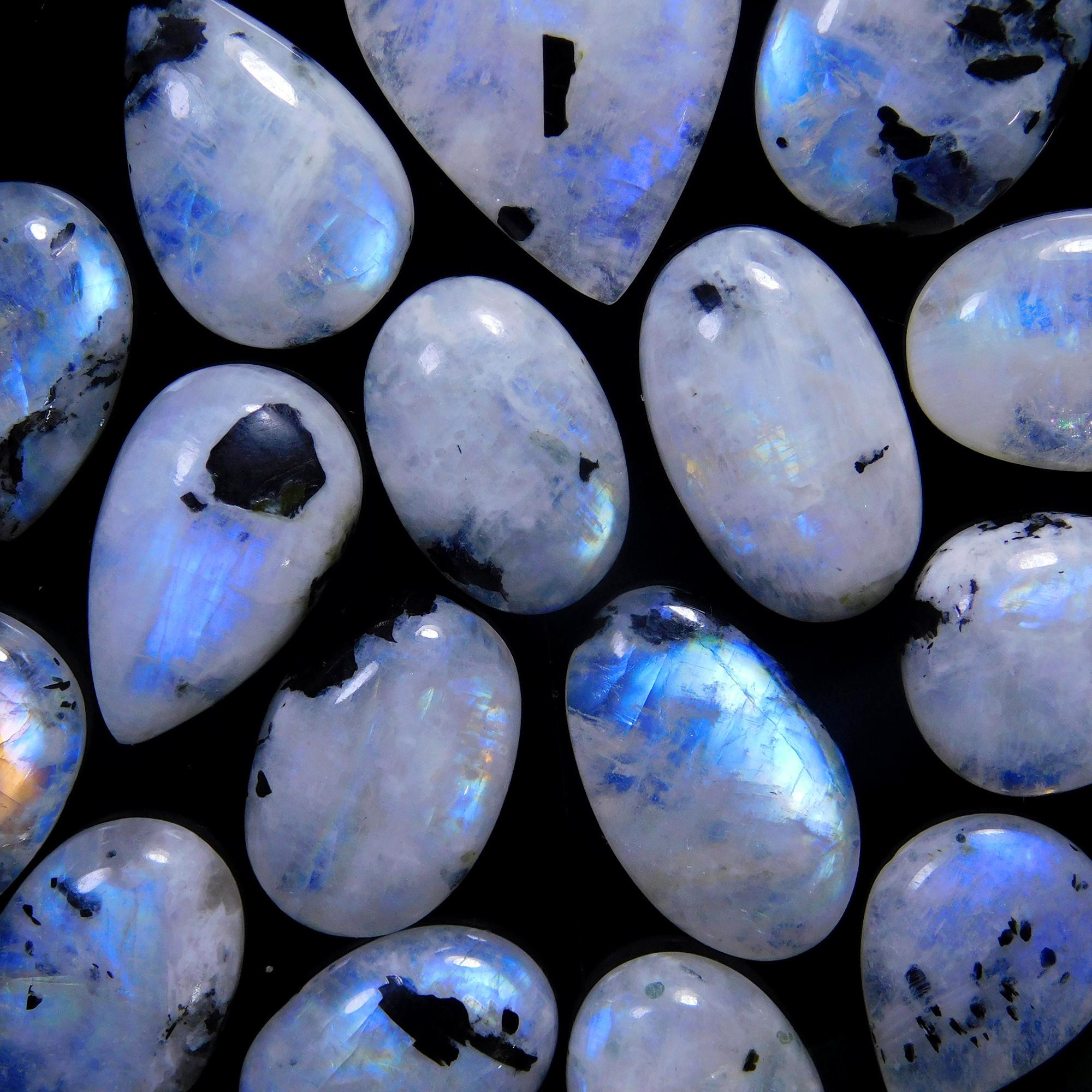17 Pcs 286 Cts Natural Rainbow Moonstone Gemstone Cabochon Lot 14x14-30x22mm13922