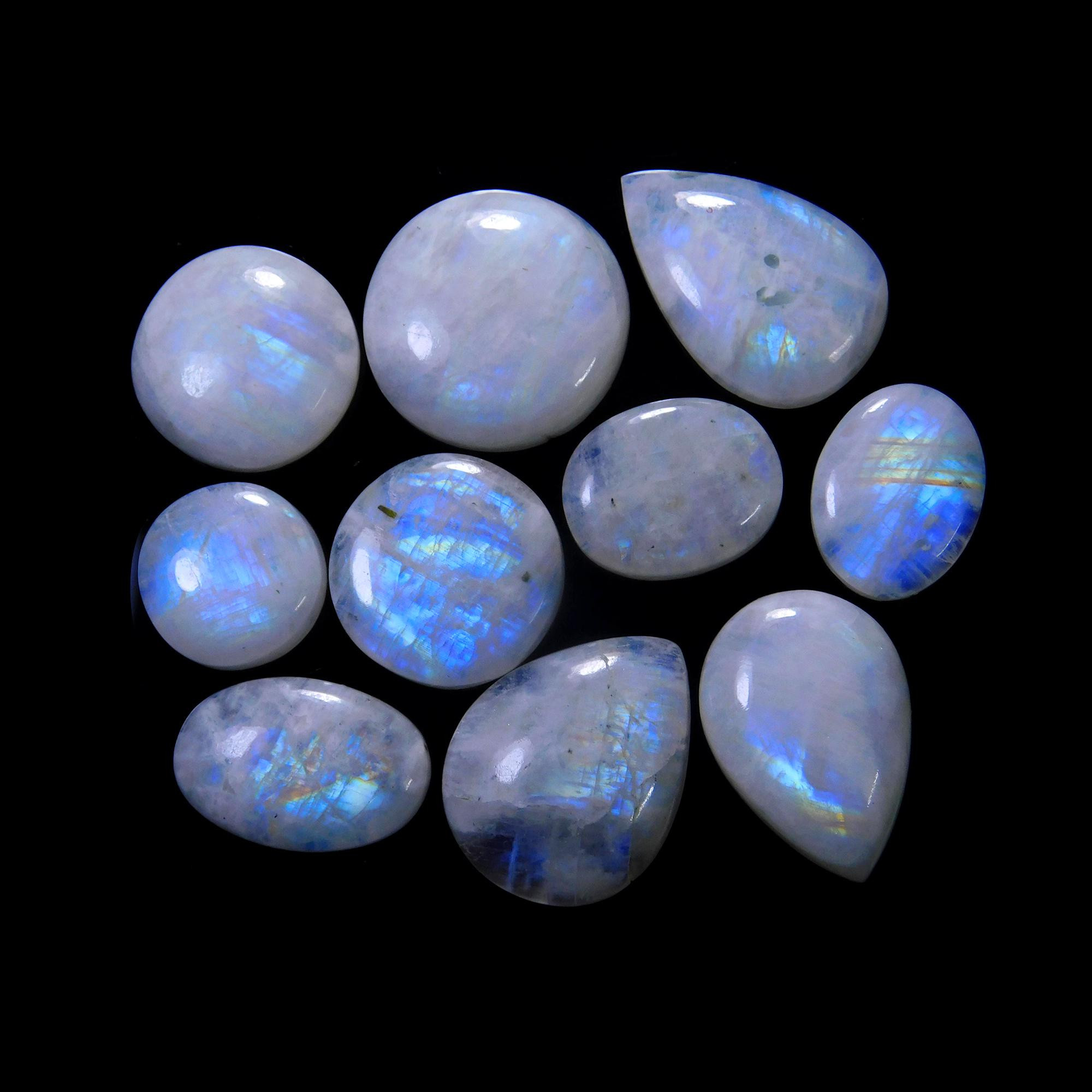 10 Pcs 187 Cts Natural Rainbow Moonstone Gemstone Cabochon Lot 15x15-22x22mm13924